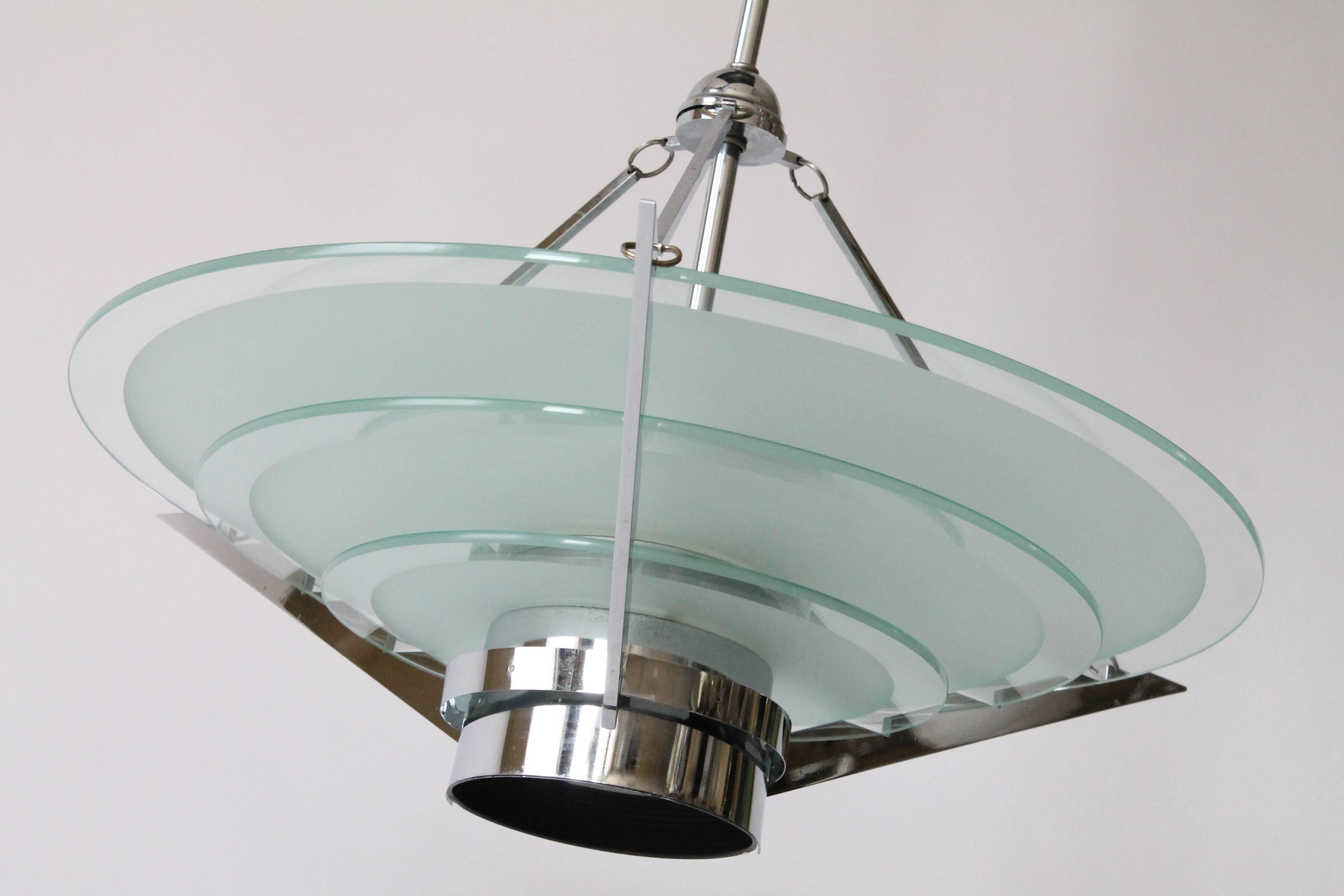 Art Deco Style Chrome & Etched Glass Chandelier Mid-Century Vintage, 1970s, USA For Sale 5