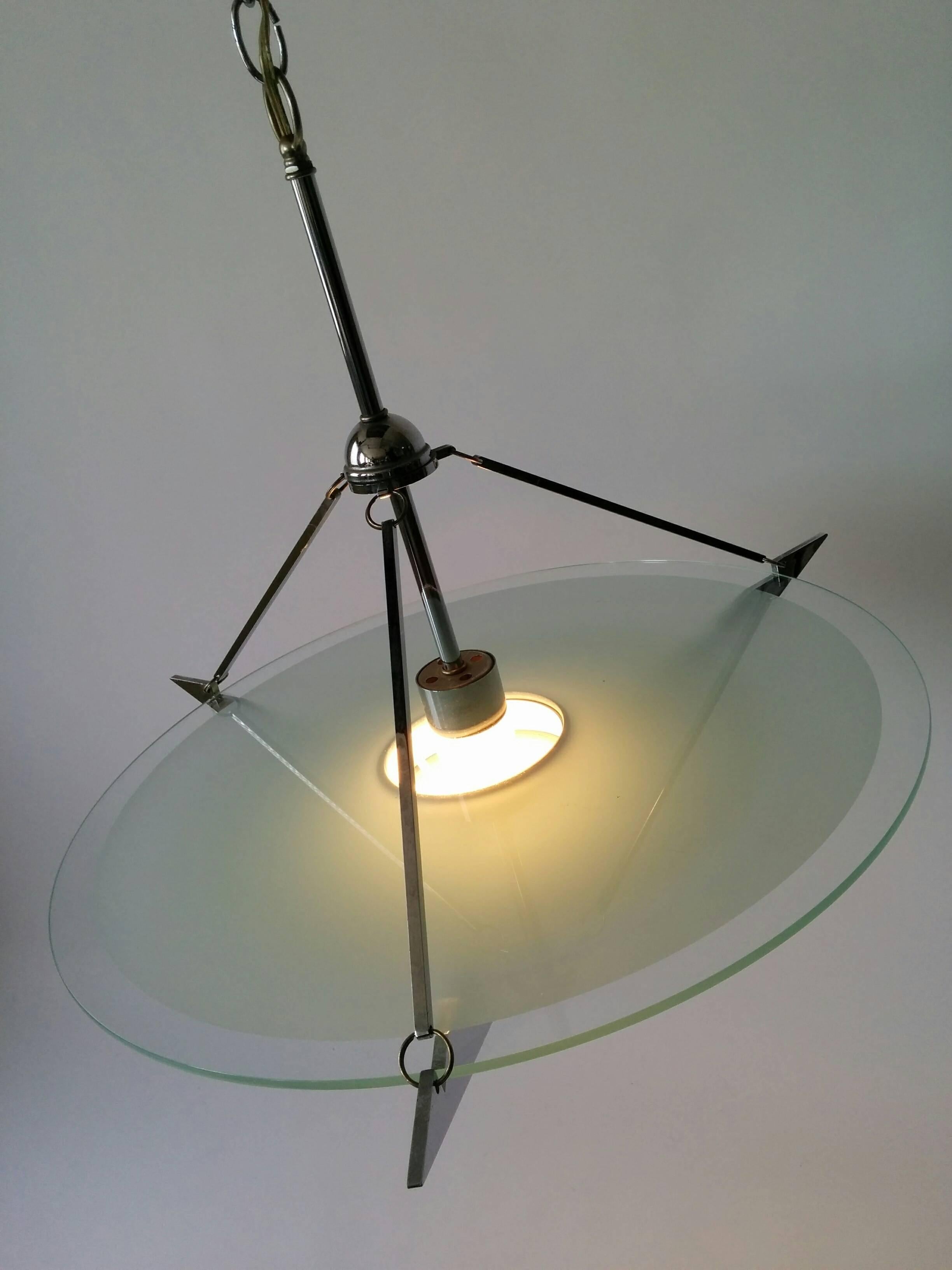 Art Deco Style Chrome & Etched Glass Chandelier Mid-Century Vintage, 1970s, USA For Sale 4