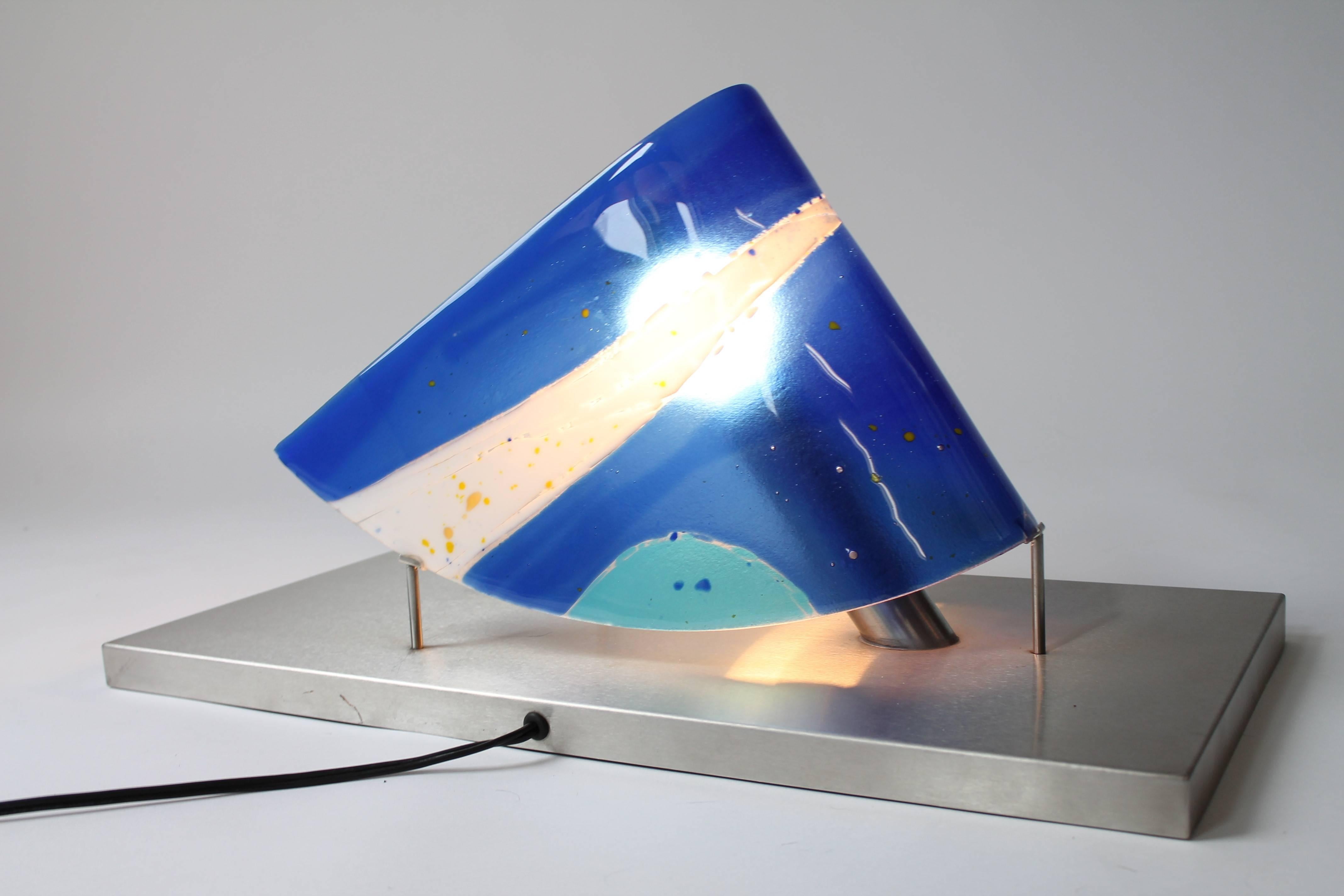 American Huge Fused Glass Table Lamp Art Piece  on Stainless Steel Base , USA , 1980s For Sale