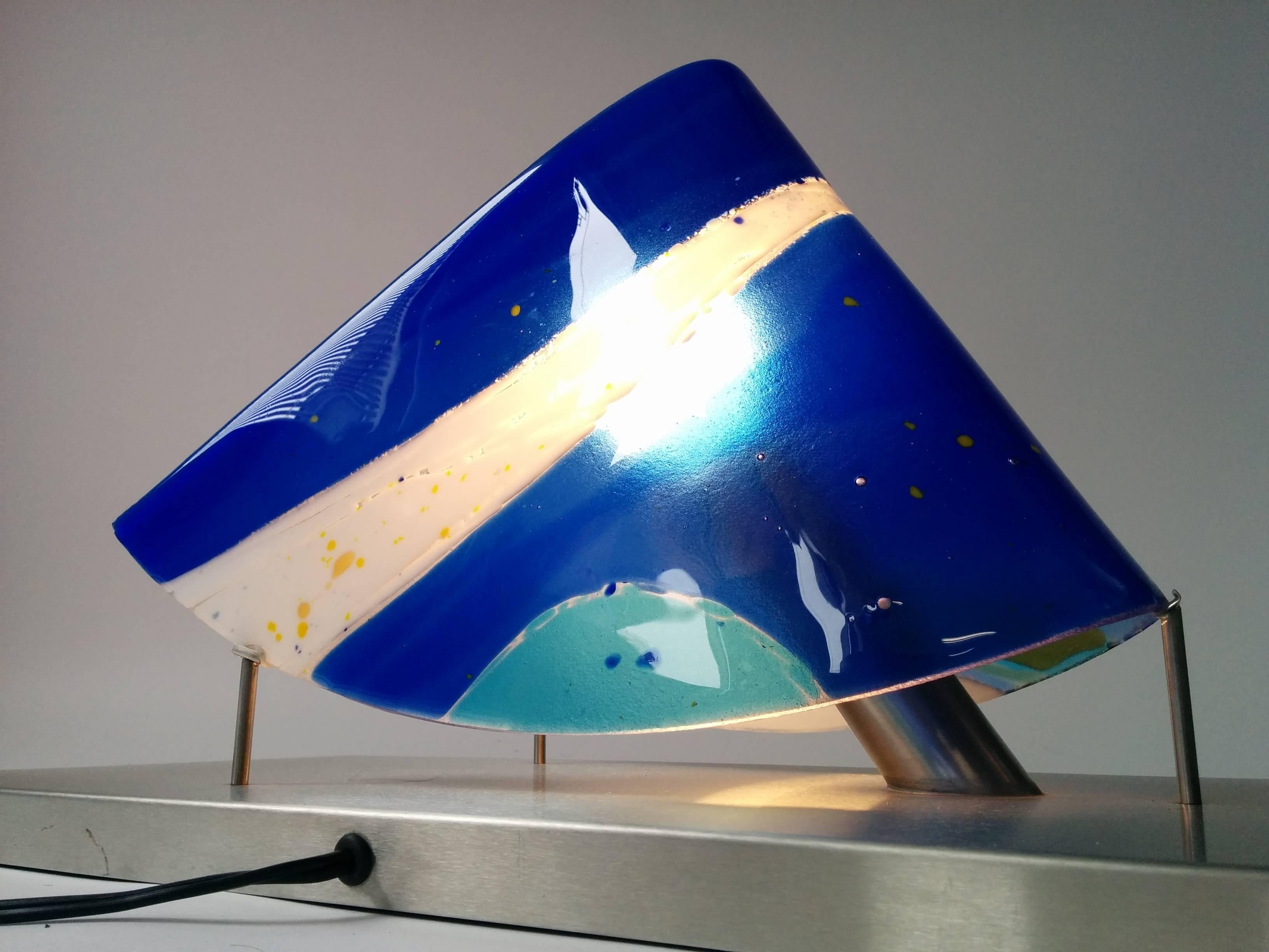 Modern Huge Fused Glass Table Lamp Art Piece  on Stainless Steel Base , USA , 1980s For Sale