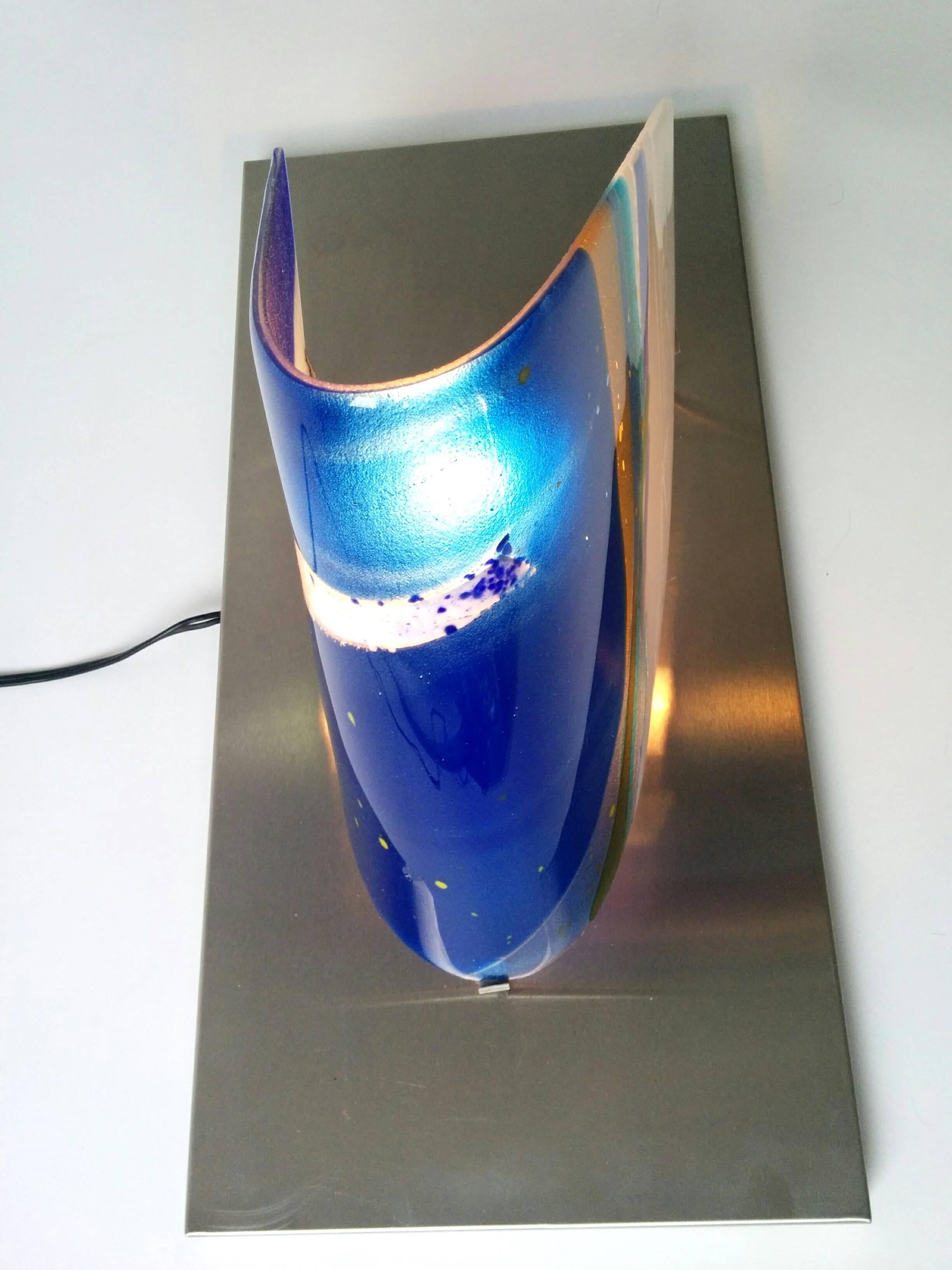 Late 20th Century Huge Fused Glass Table Lamp Art Piece  on Stainless Steel Base , USA , 1980s For Sale