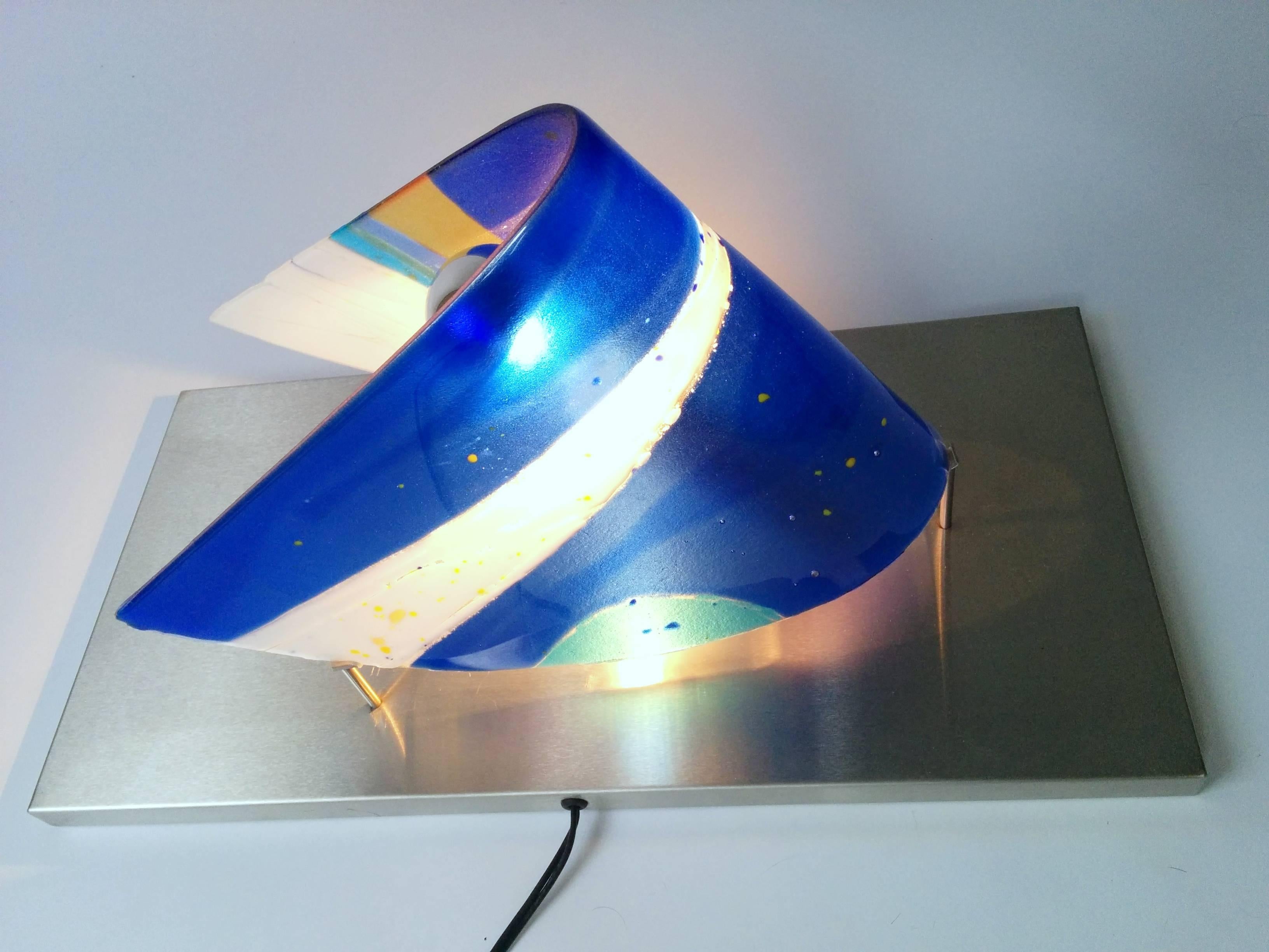 Huge Fused Glass Table Lamp Art Piece  on Stainless Steel Base , USA , 1980s In Good Condition For Sale In St- Leonard, Quebec