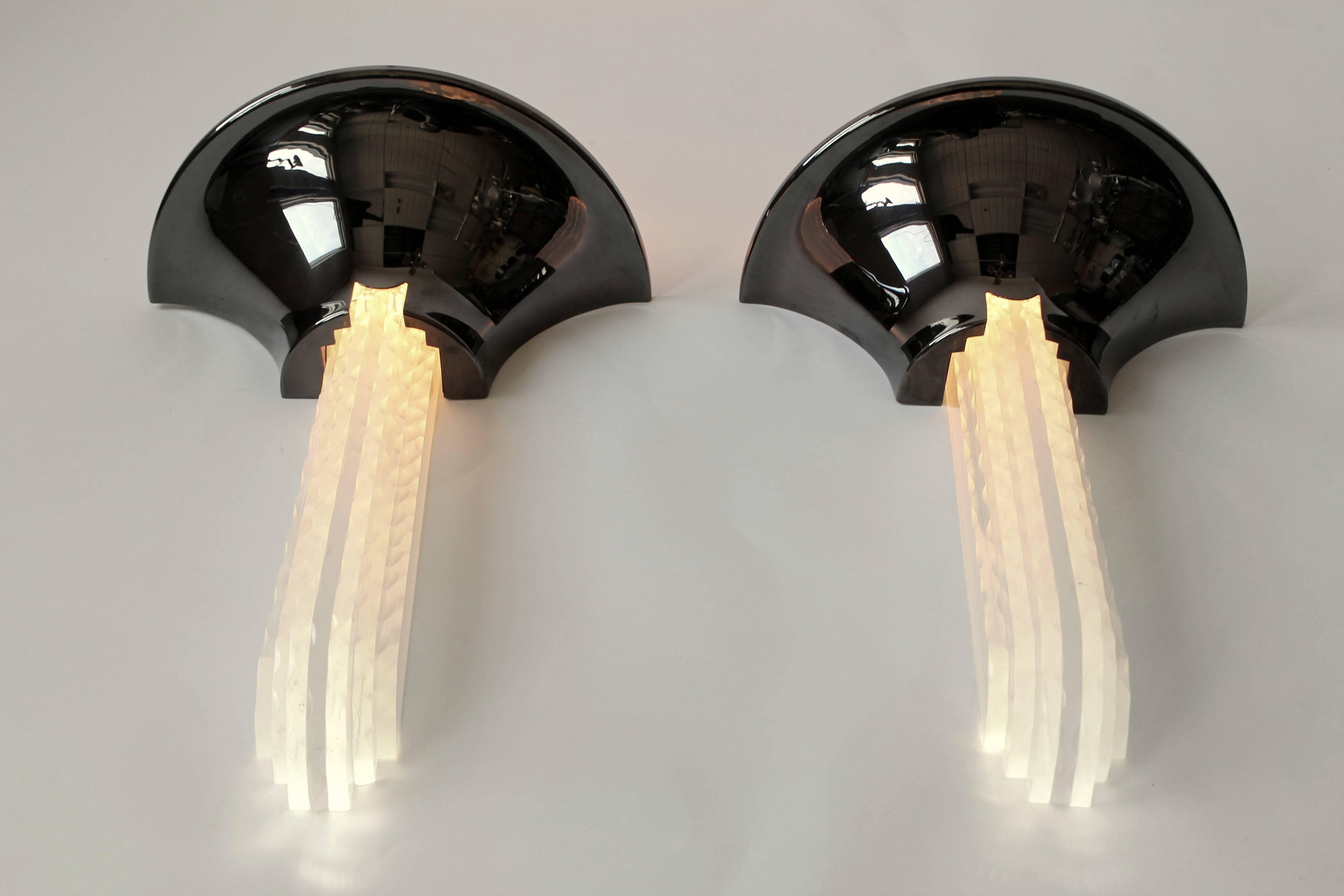 Art Deco Massive Pair of Karl Springer Purcell  Sconces in Gun Metal finish , 1970s , USA For Sale