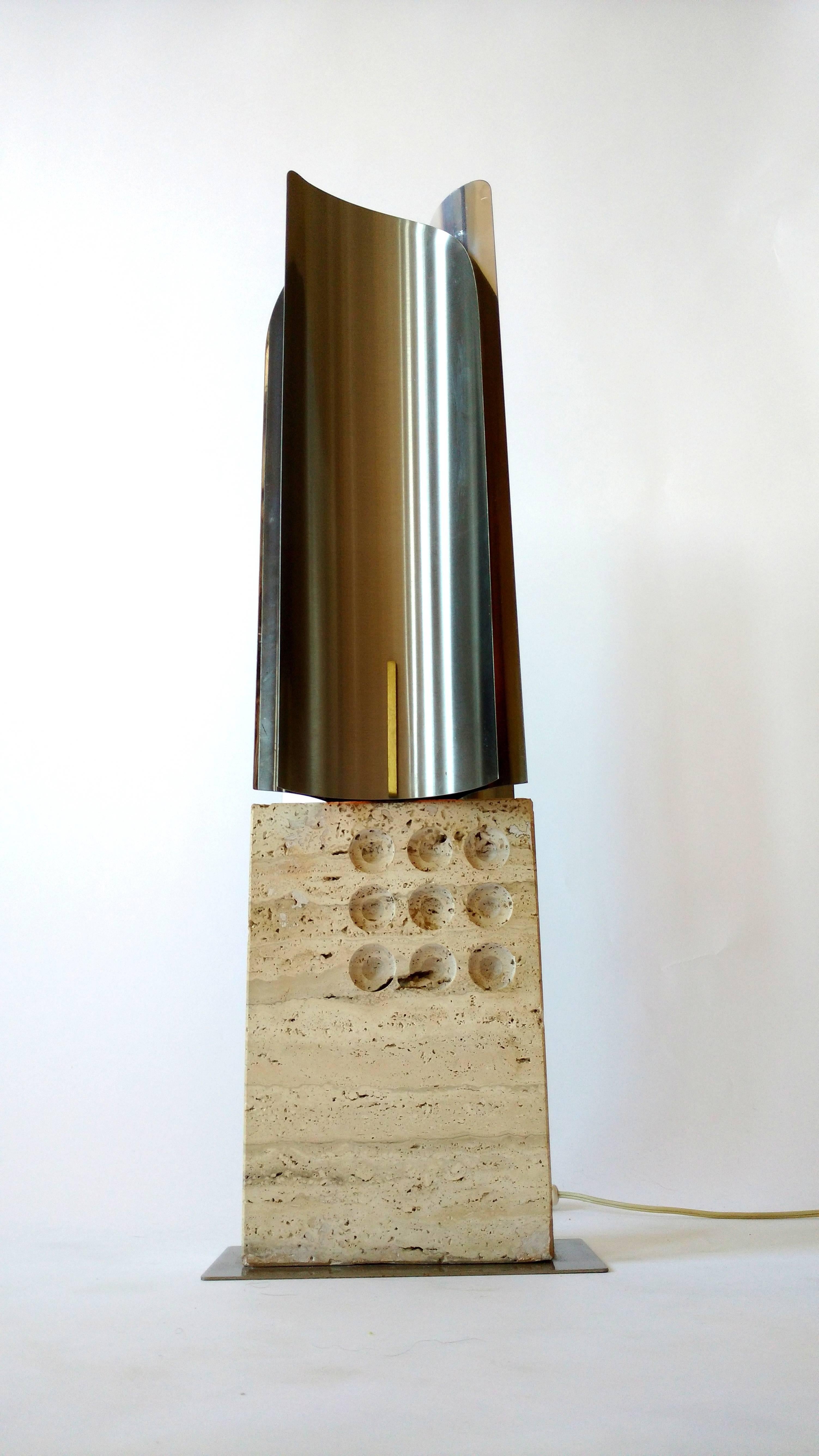 Reggiani Travertine & Stainless Steel Table Lamp Mid-Century Modern 1960s, Italy In Good Condition In St- Leonard, Quebec