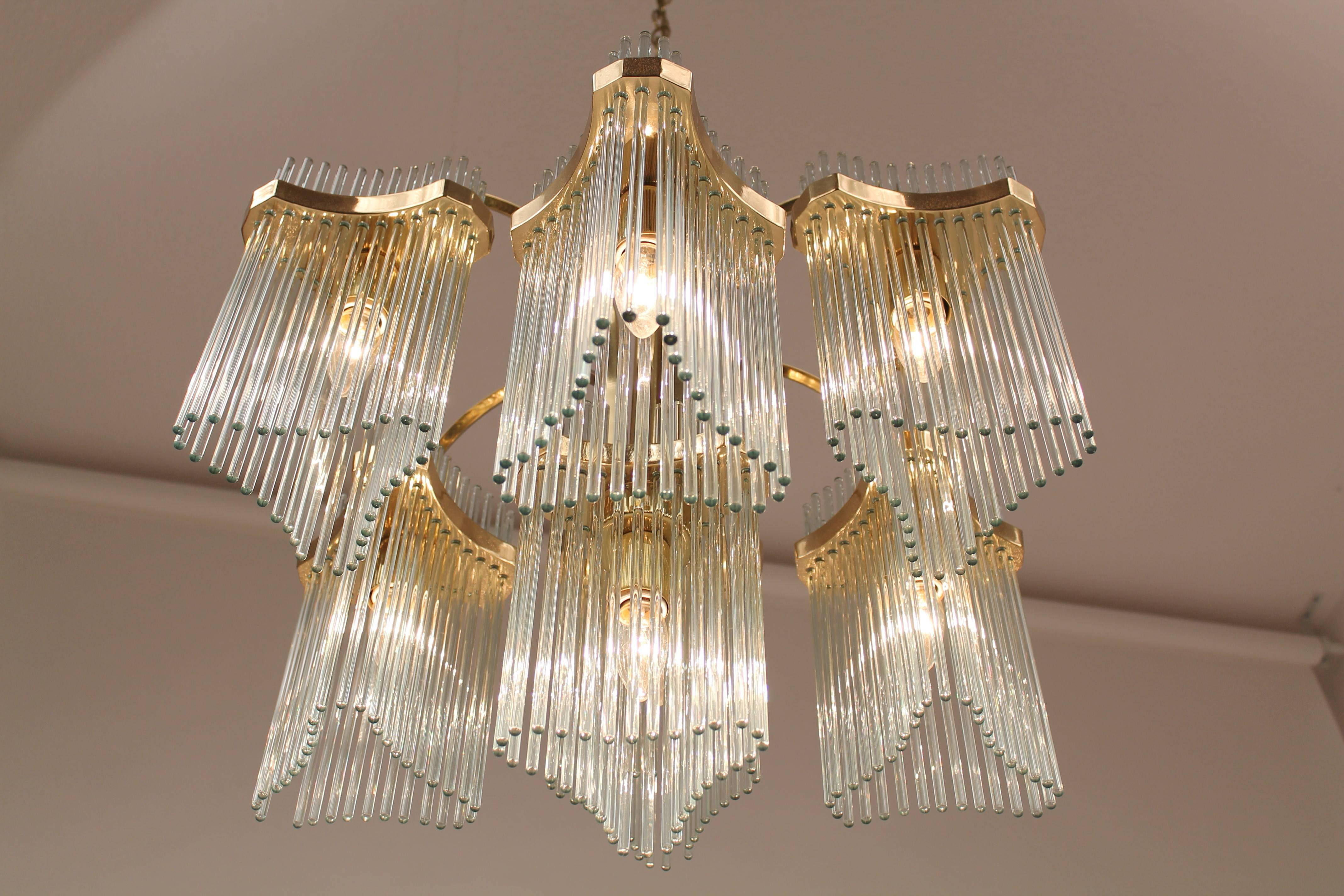 Mid-Century Modern Massive Cascading Sciolari Seven Arms Glass Rods & Brass Chandelier, 1960s Italy