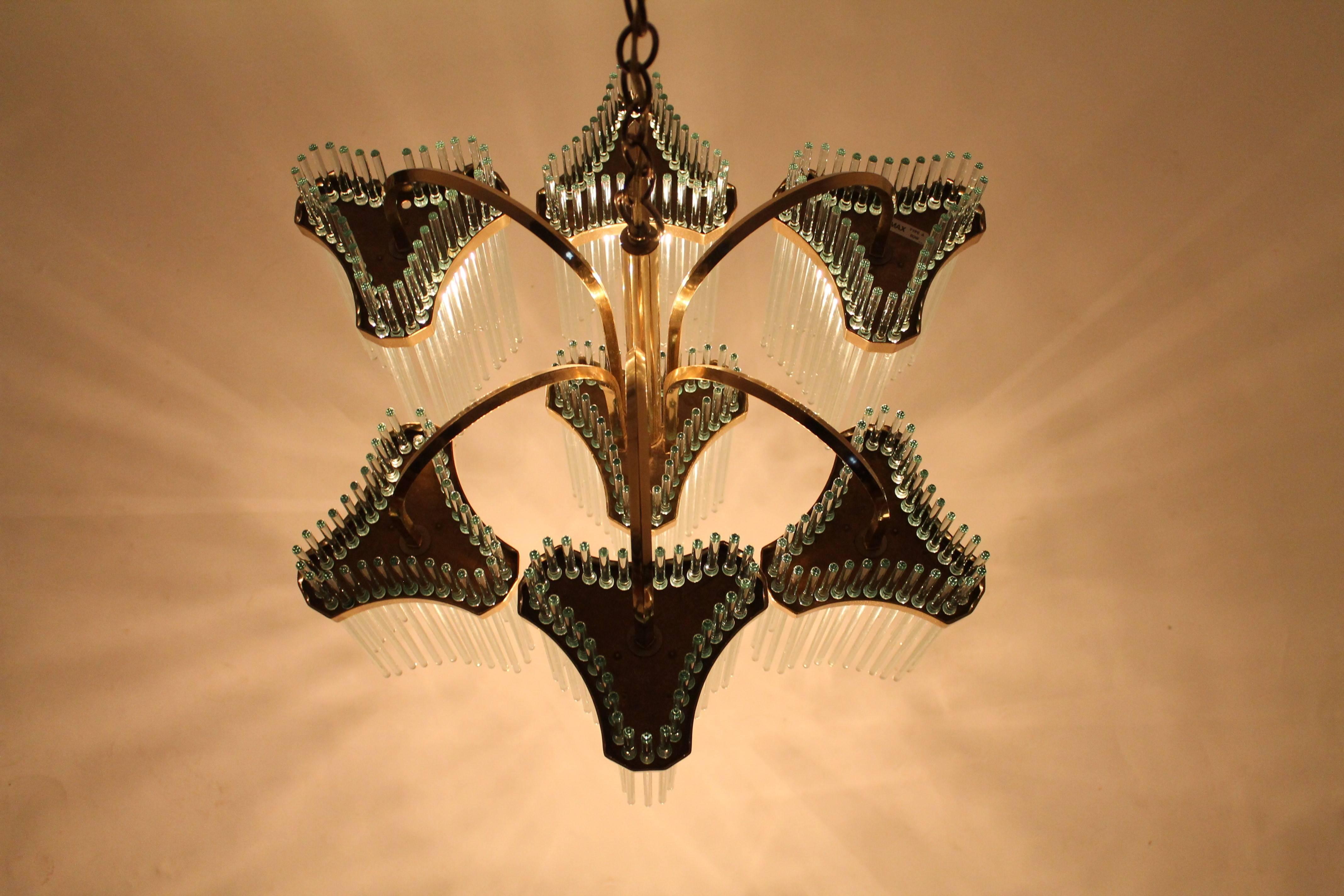 Massive Cascading Sciolari Seven Arms Glass Rods & Brass Chandelier, 1960s Italy 2