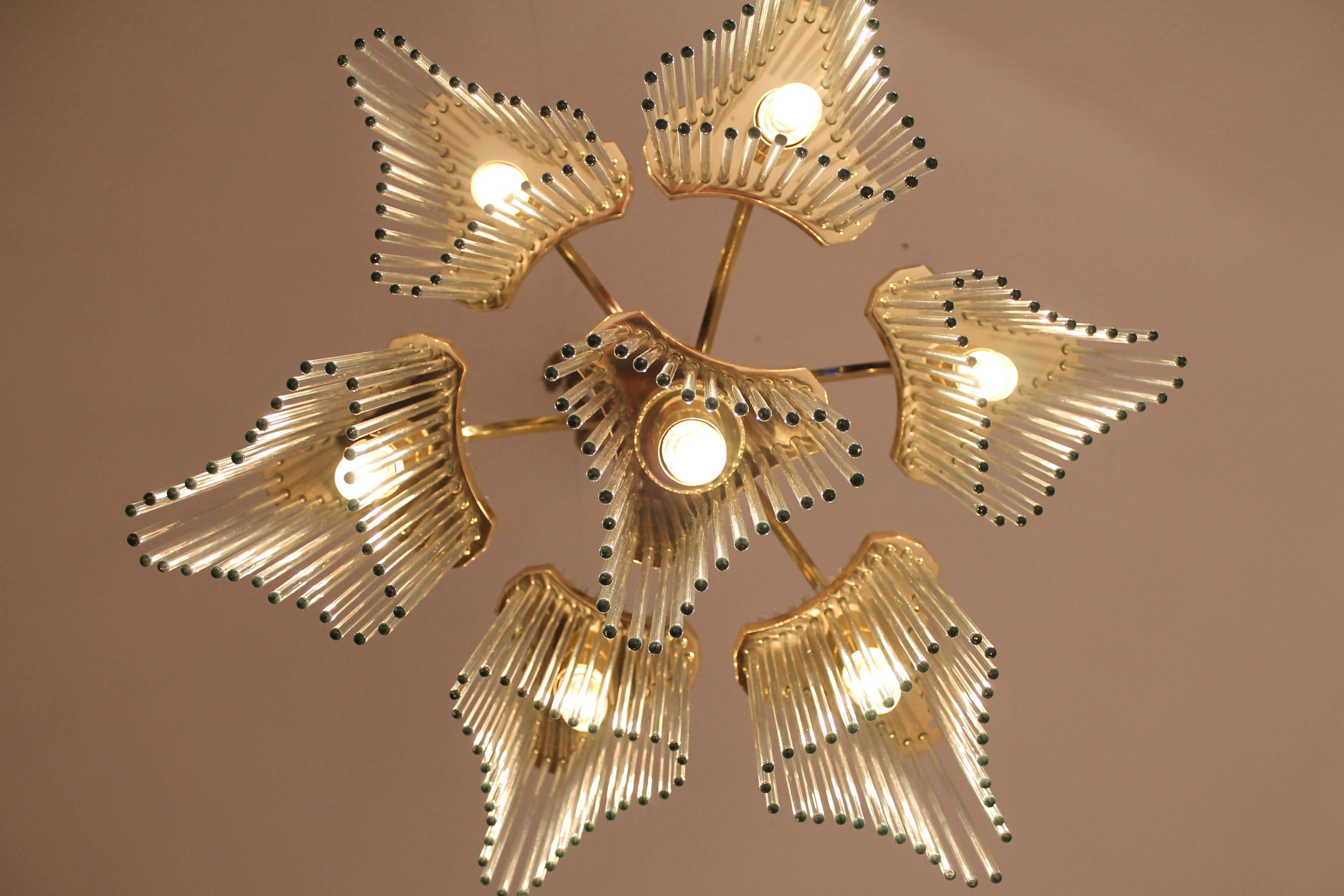 Massive Cascading Sciolari Seven Arms Glass Rods & Brass Chandelier, 1960s Italy 3