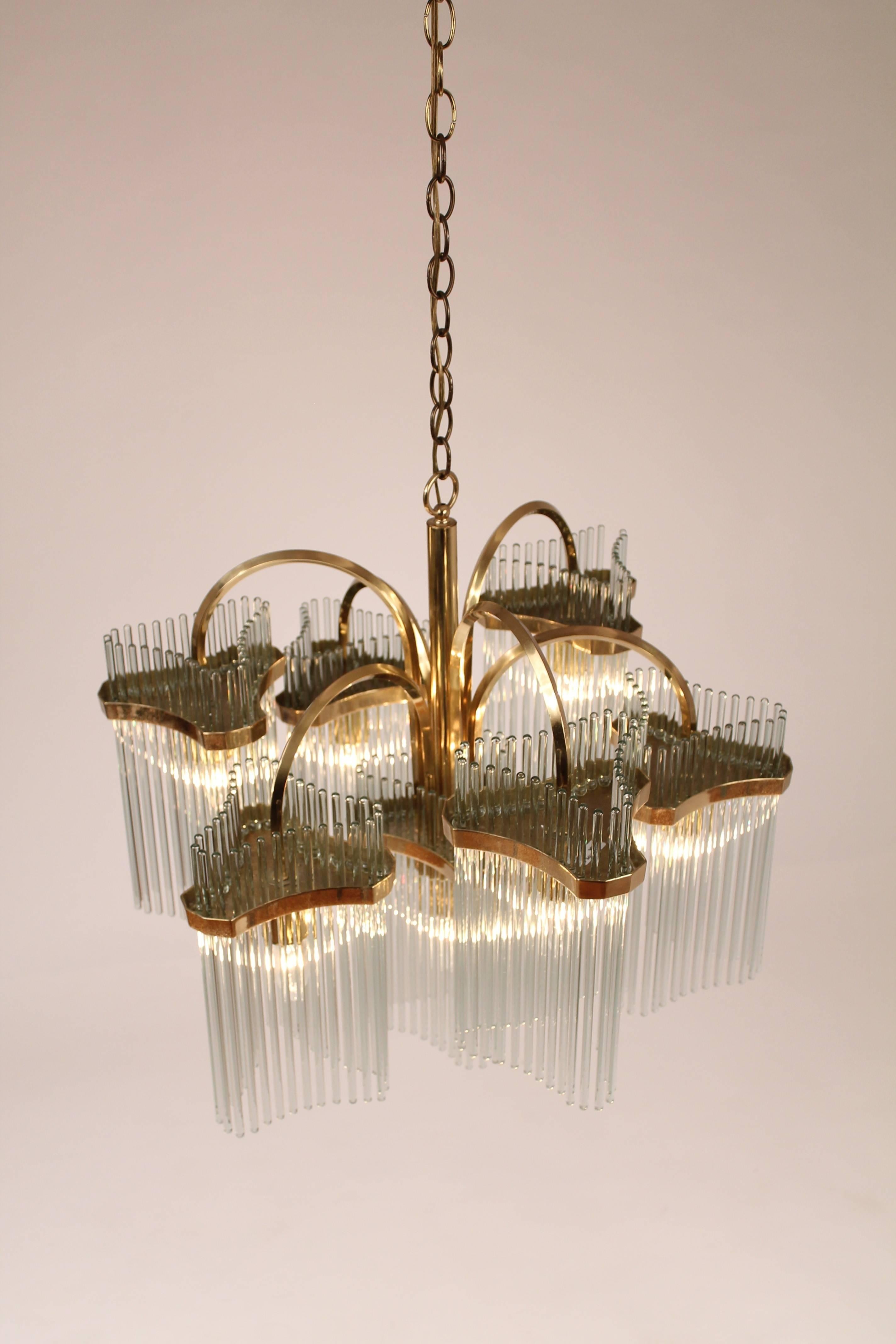 Massive Cascading Sciolari Seven Arms Glass Rods & Brass Chandelier, 1960s Italy 4