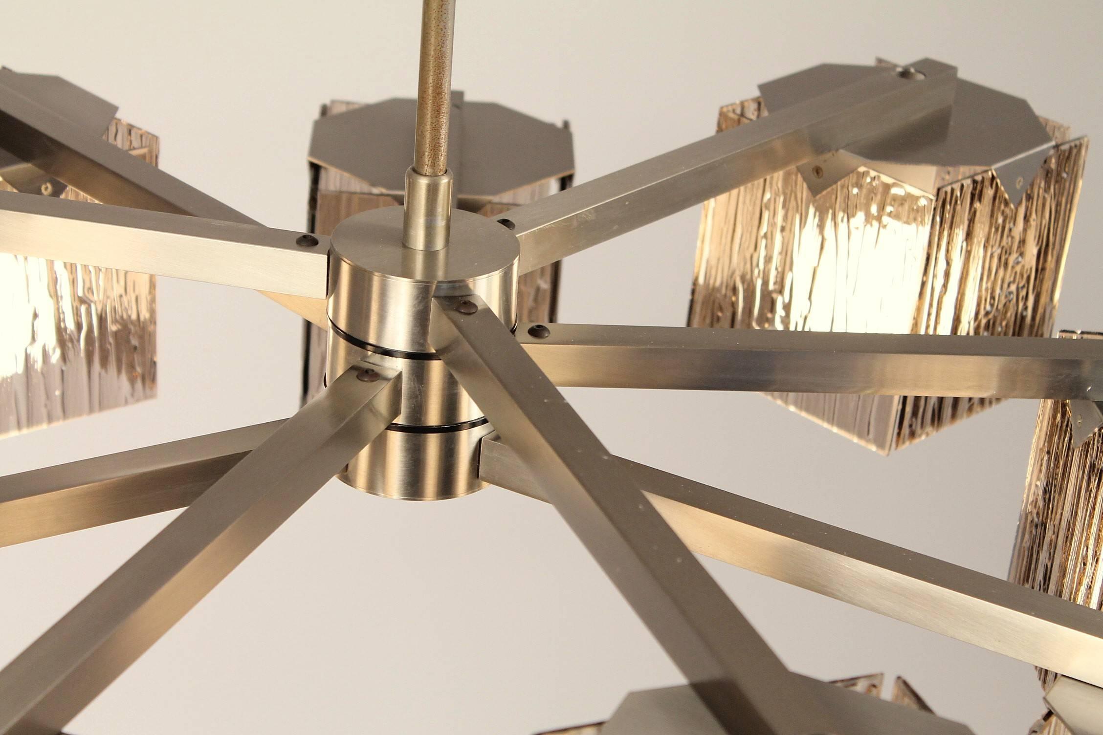 Brushed Signed  Arredoluce 9 Arm Chandelier  Stainless Steel & Glass , 1960 Monza Italy For Sale