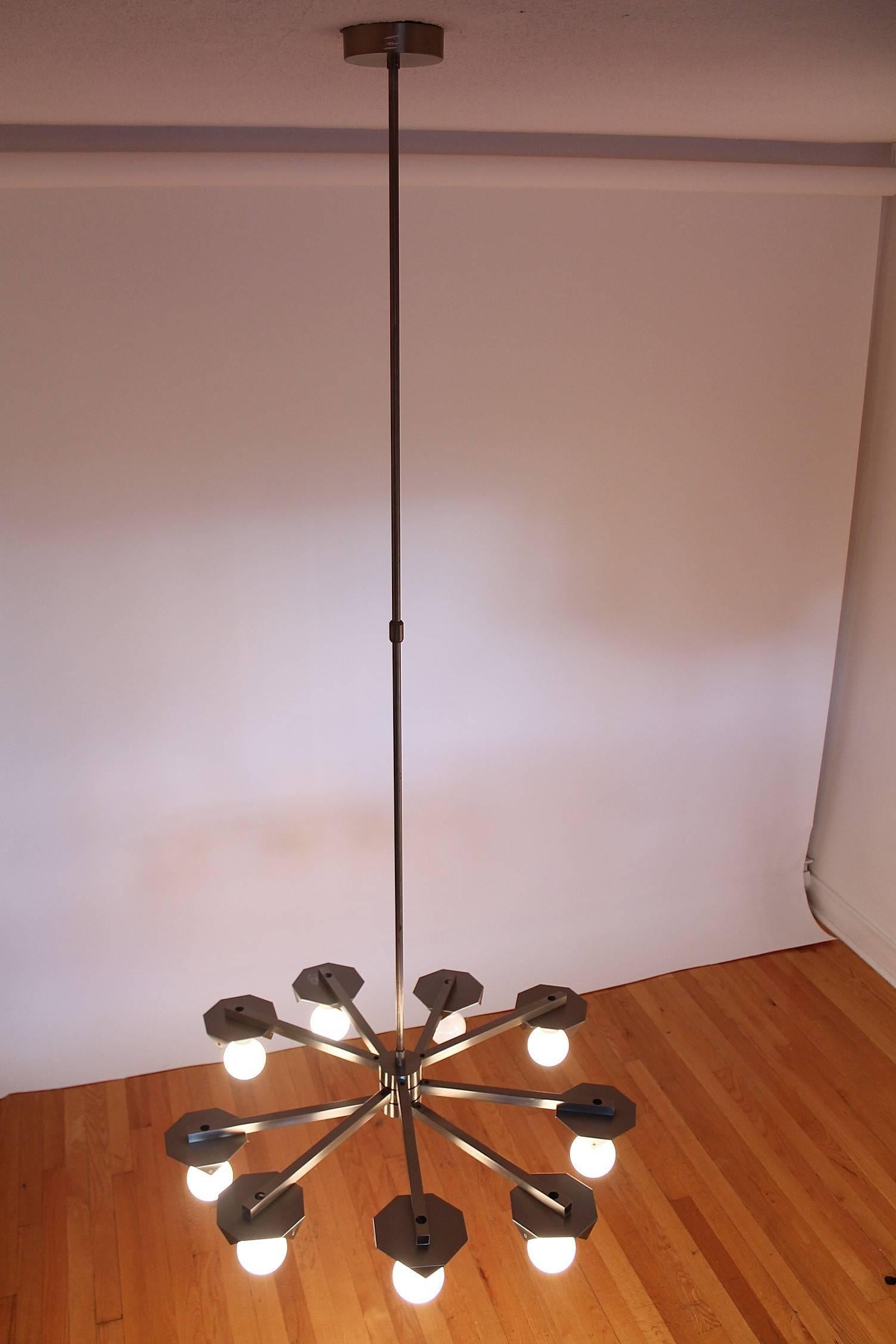 Signed  Arredoluce 9 Arm Chandelier  Stainless Steel & Glass , 1960 Monza Italy For Sale 3