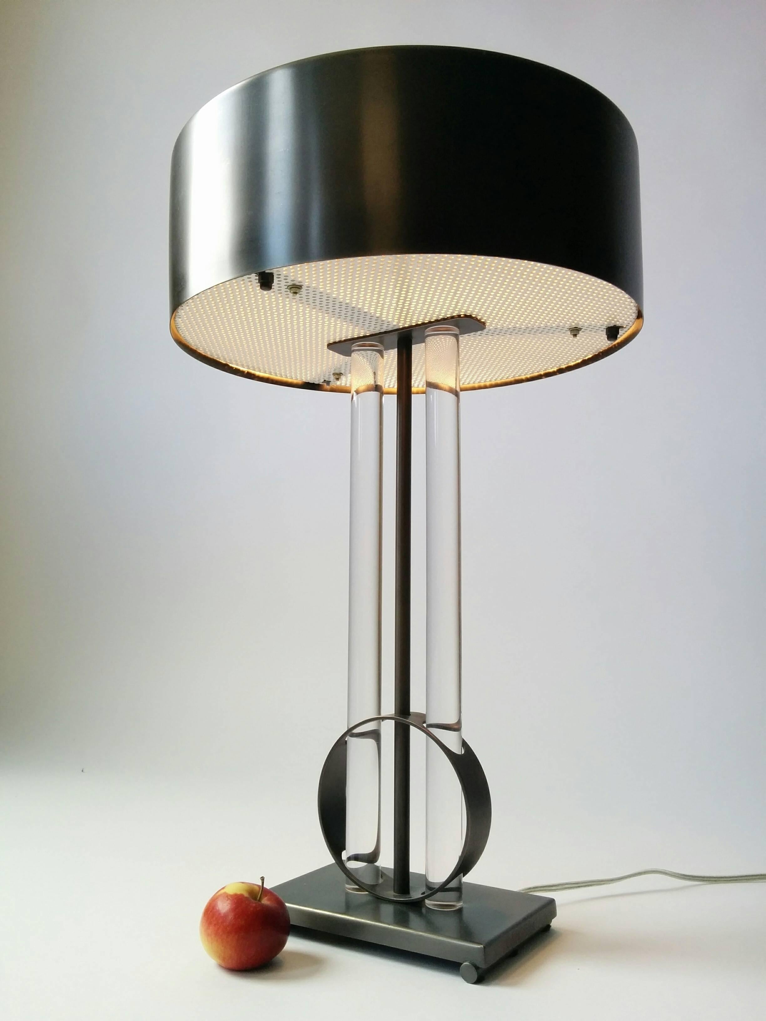 American Massive Modern Lucite and Raw Steel Bouillotte Style Table Lamp, 1990s, USA