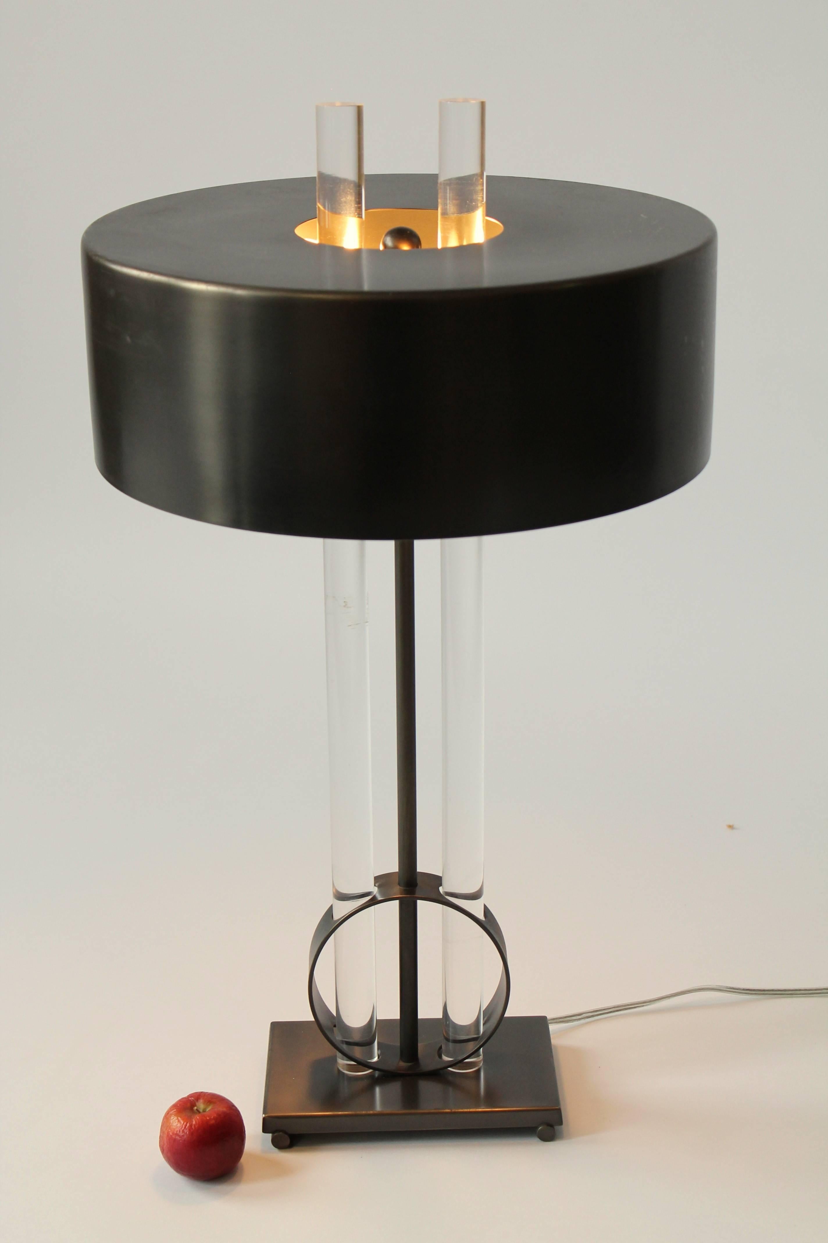 Lacquered Massive Modern Lucite and Raw Steel Bouillotte Style Table Lamp, 1990s, USA