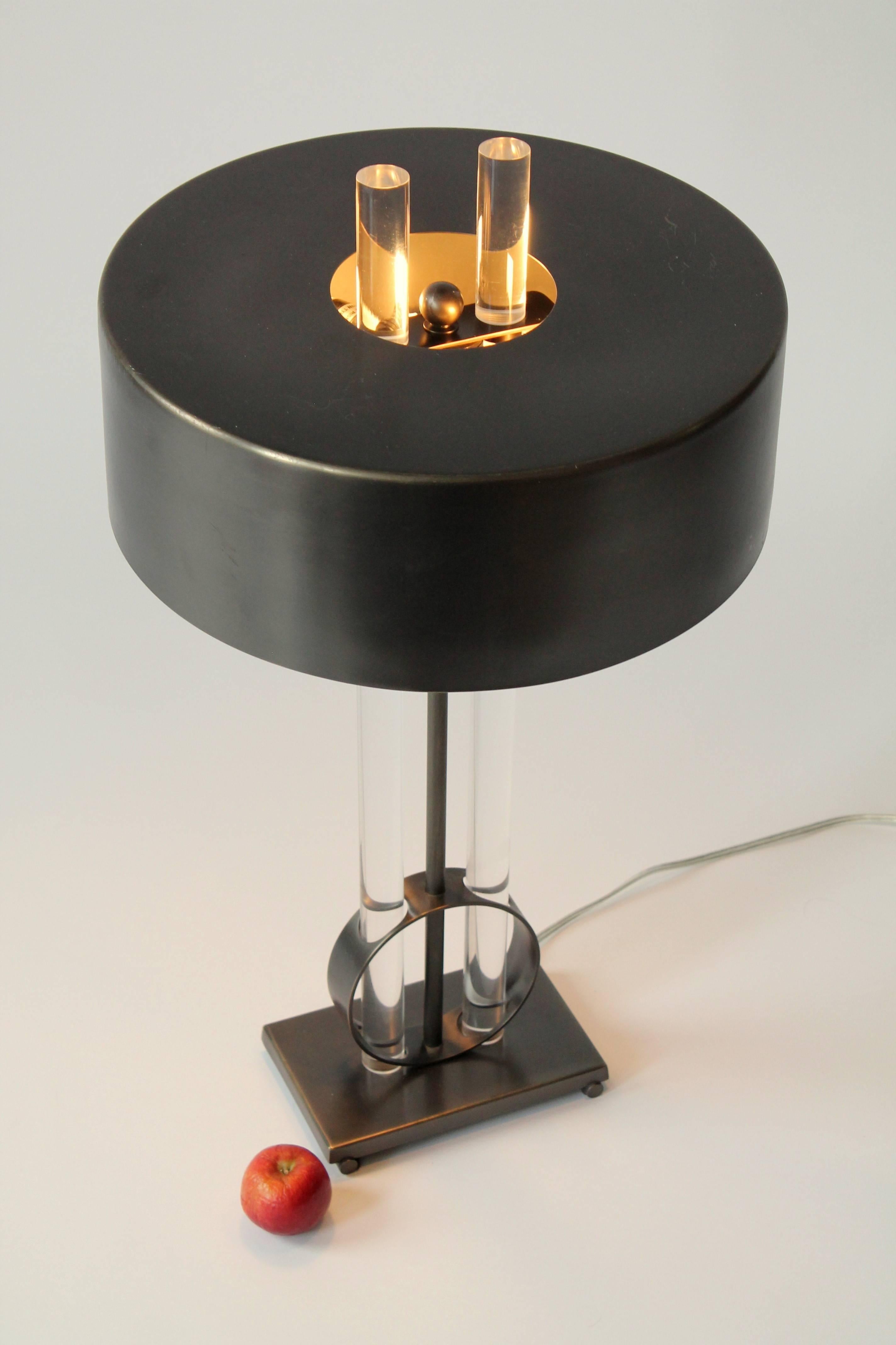 Late 20th Century Massive Modern Lucite and Raw Steel Bouillotte Style Table Lamp, 1990s, USA