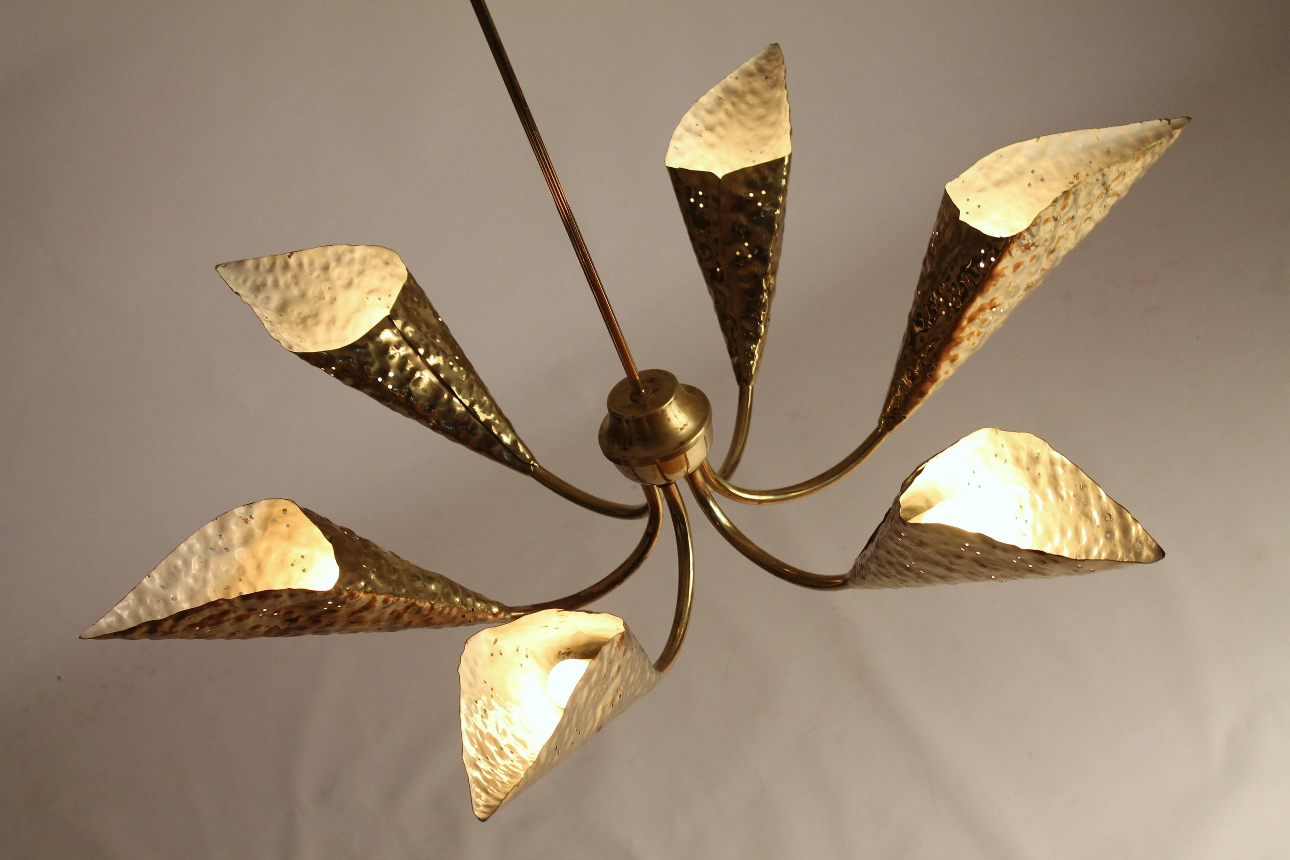 Hand-Hammered Six-Arm Brass Chandelier in the style of Arredoluce , 1950s, Italy 1