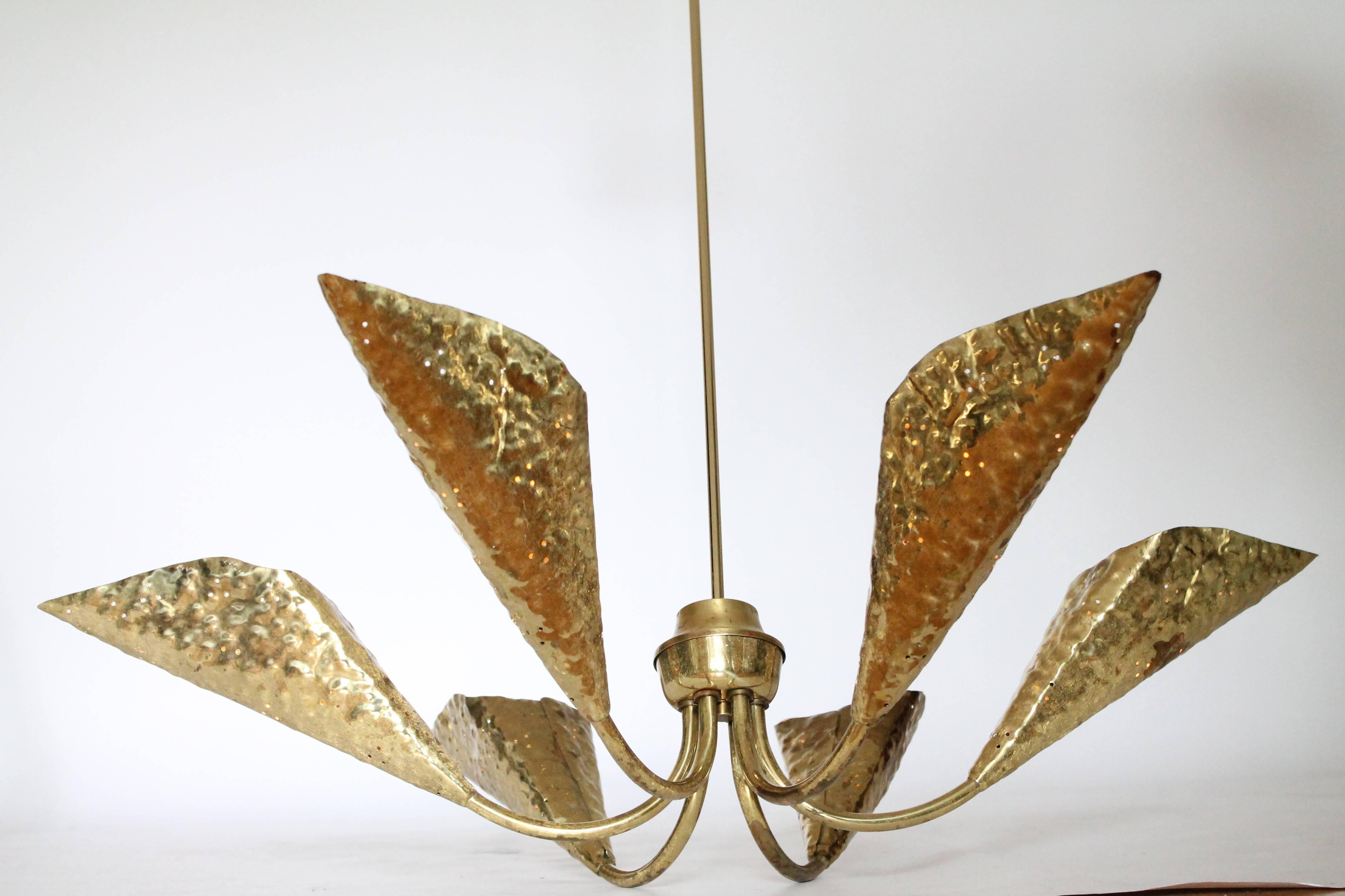 Italian Hand-Hammered Six-Arm Brass Chandelier in the style of Arredoluce , 1950s, Italy