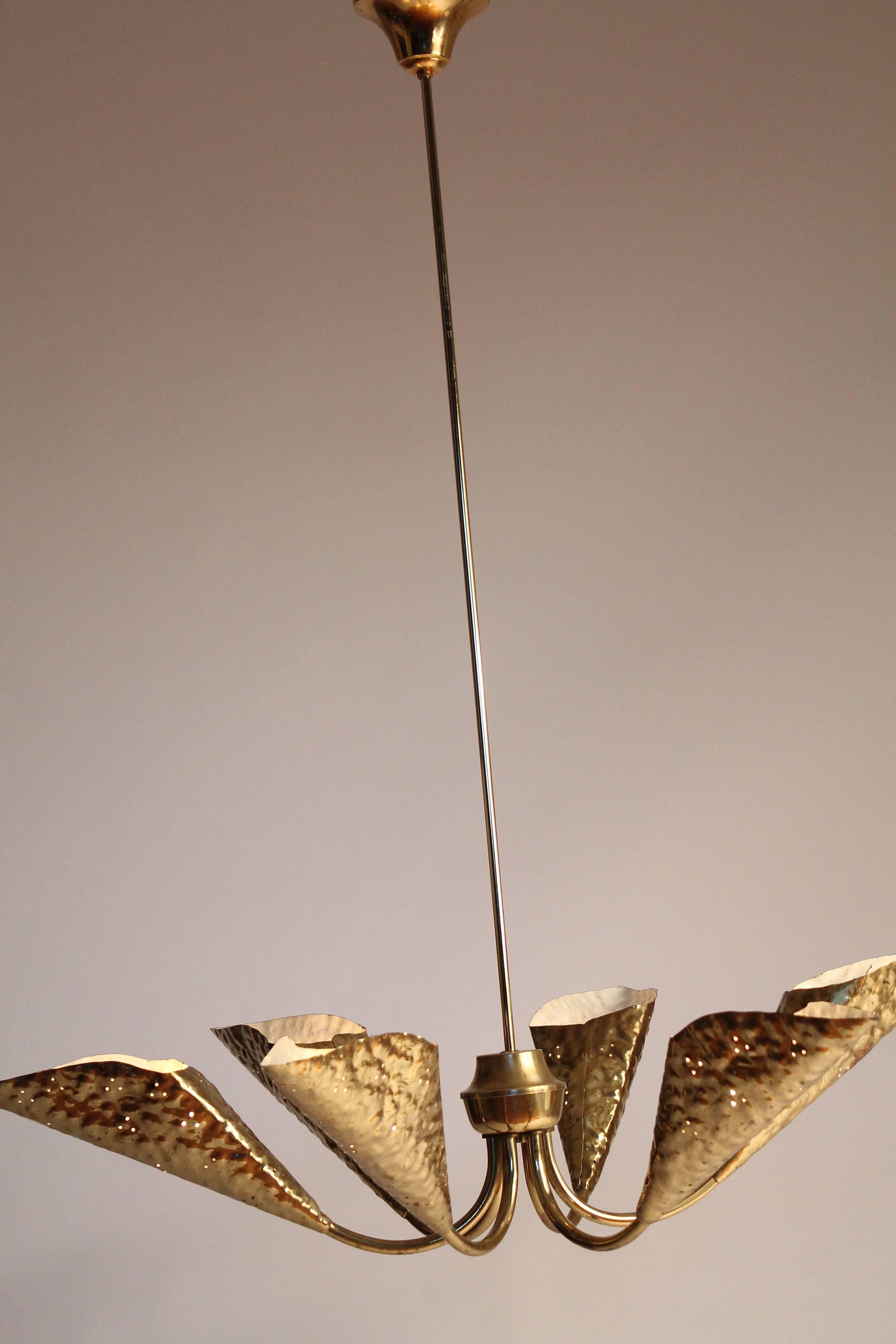 Mid-20th Century Hand-Hammered Six-Arm Brass Chandelier in the style of Arredoluce , 1950s, Italy