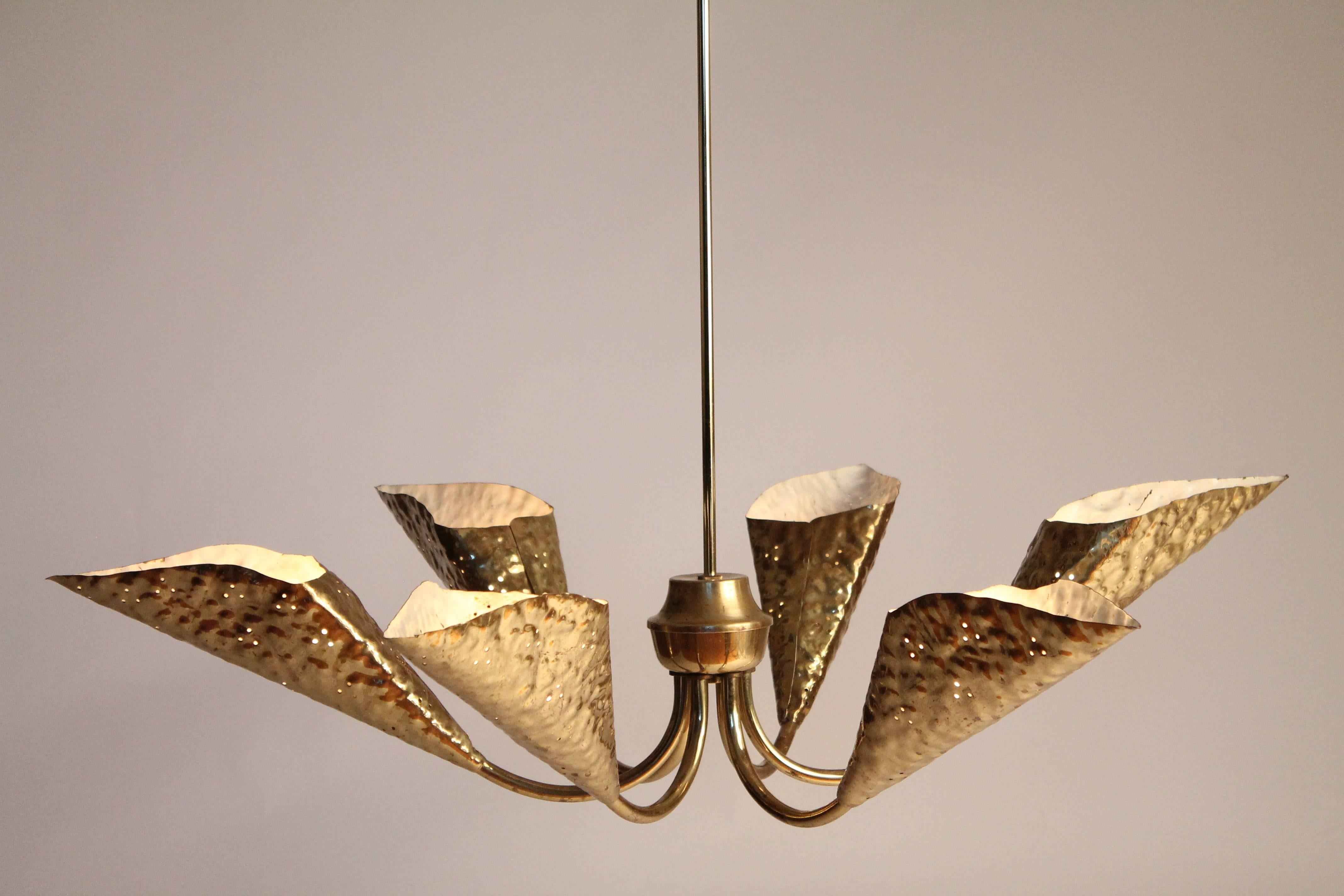 Hand-Hammered Six-Arm Brass Chandelier in the style of Arredoluce , 1950s, Italy 2