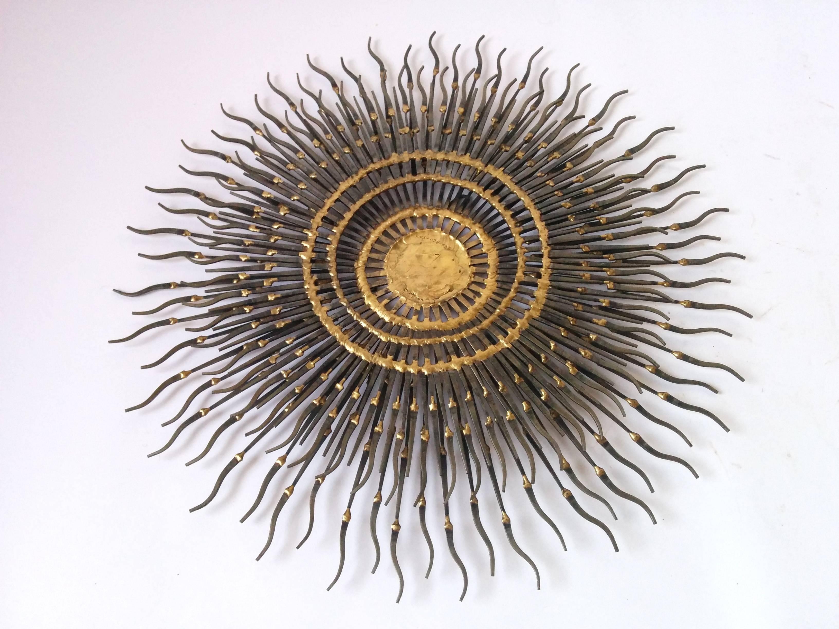 Sunburst Wall Art Made of Cut Nail and Brass Welding by Bela , 1970s  In Good Condition In St- Leonard, Quebec