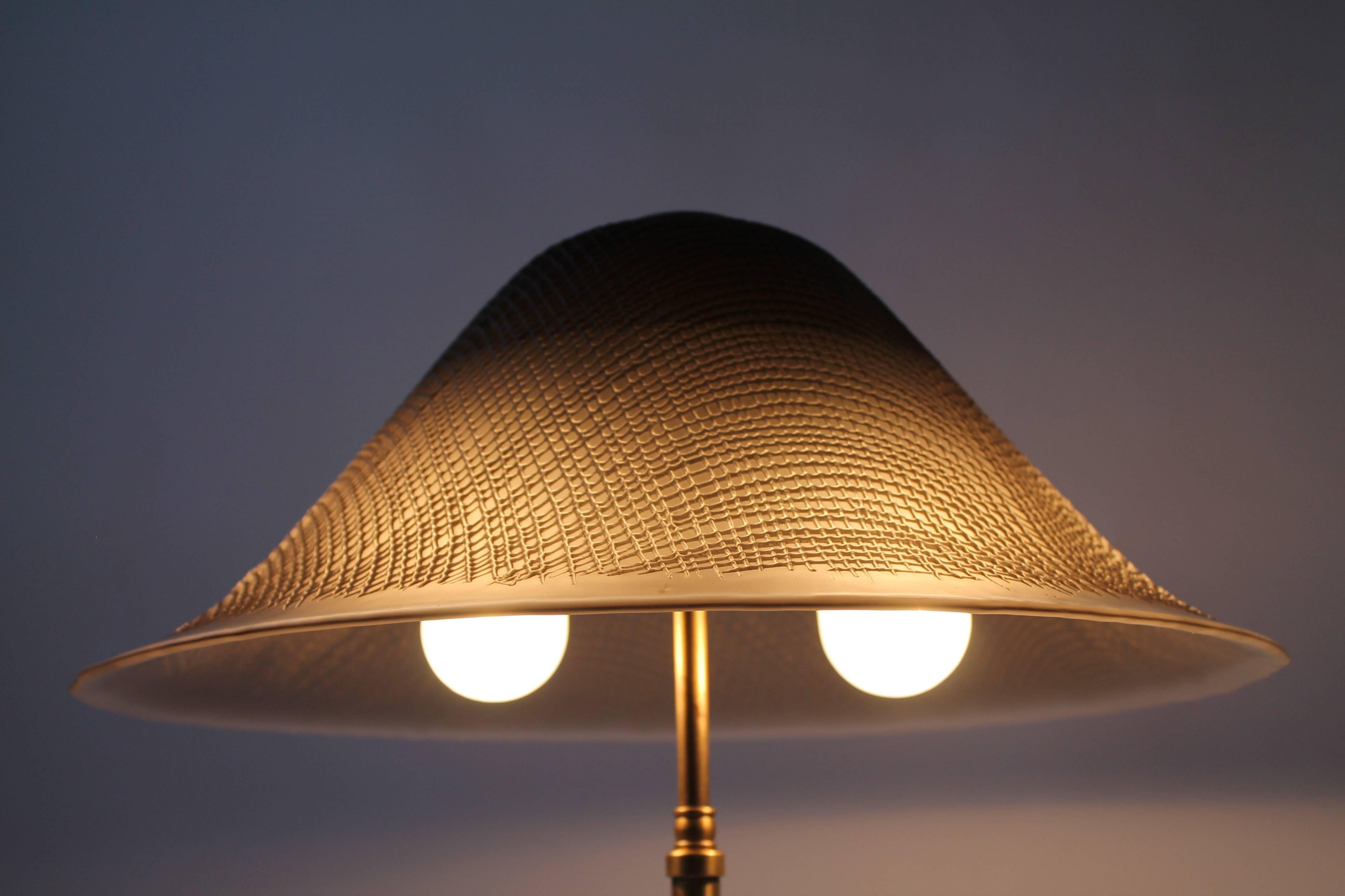 Tempered Huge Peill & Putzler Brass and Texturized Glass Shade Table Lamp, 1960s, Germany