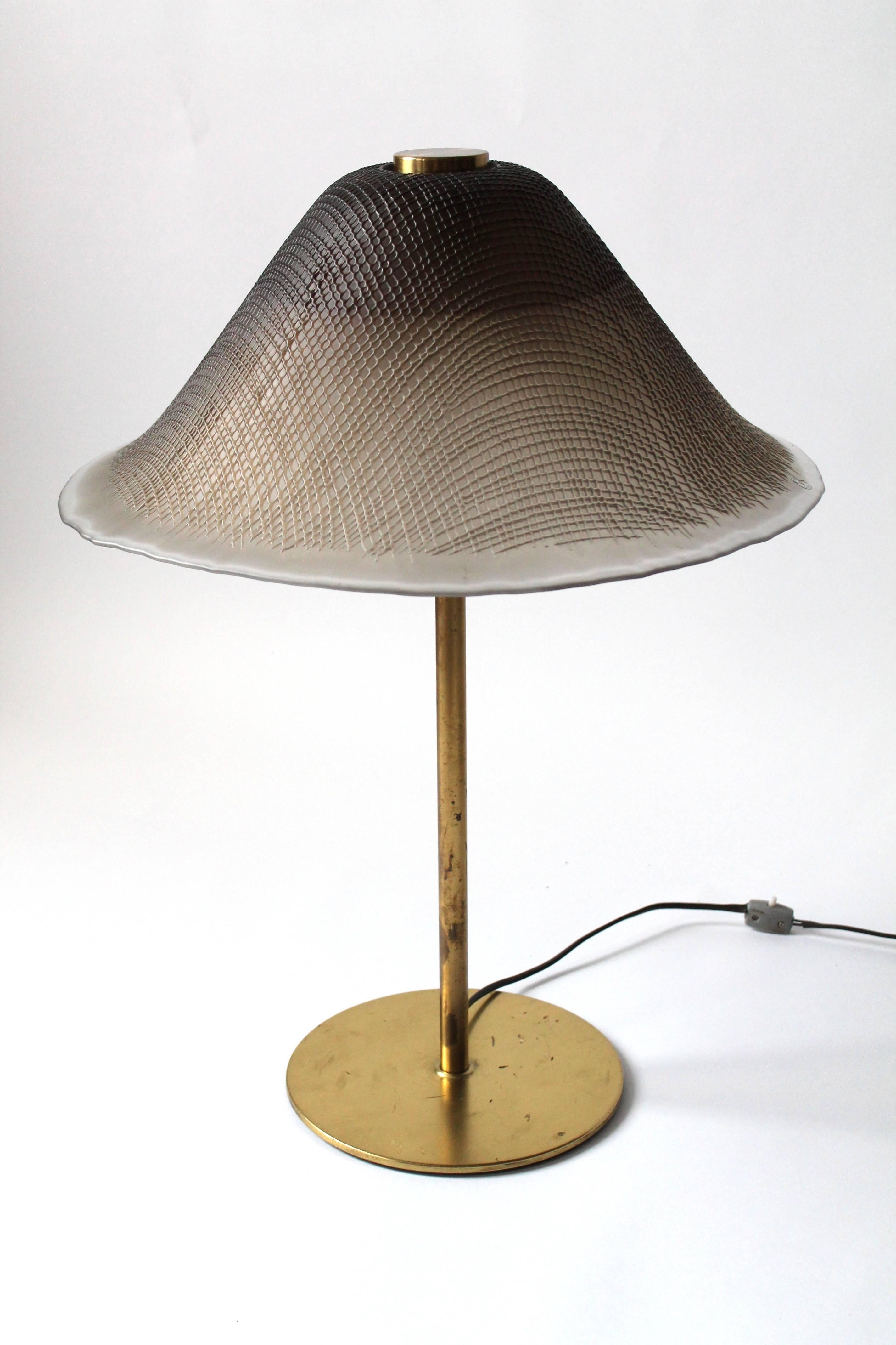 Huge Peill & Putzler Brass and Texturized Glass Shade Table Lamp, 1960s, Germany 4
