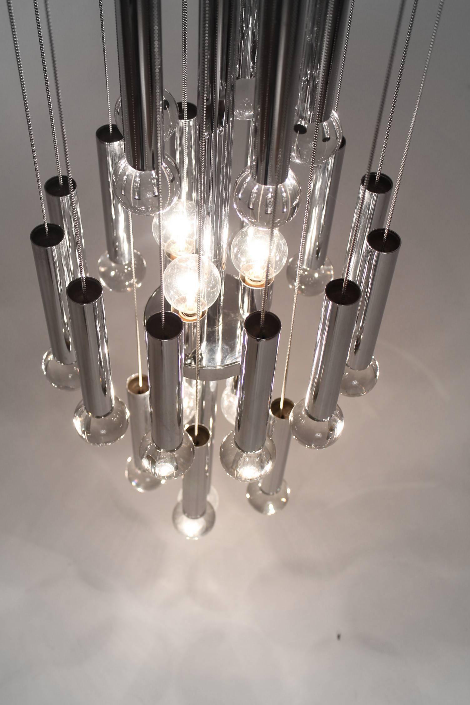 Late 20th Century Sciolari Chromed Tube and Glass Ball Flush Mount Chandelier, 1970s, Italy For Sale