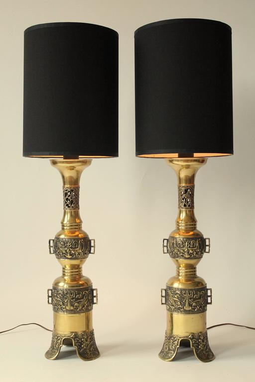 2 Massive Finely Casted James Mont Attributed Brass Table Lamps, 1960s