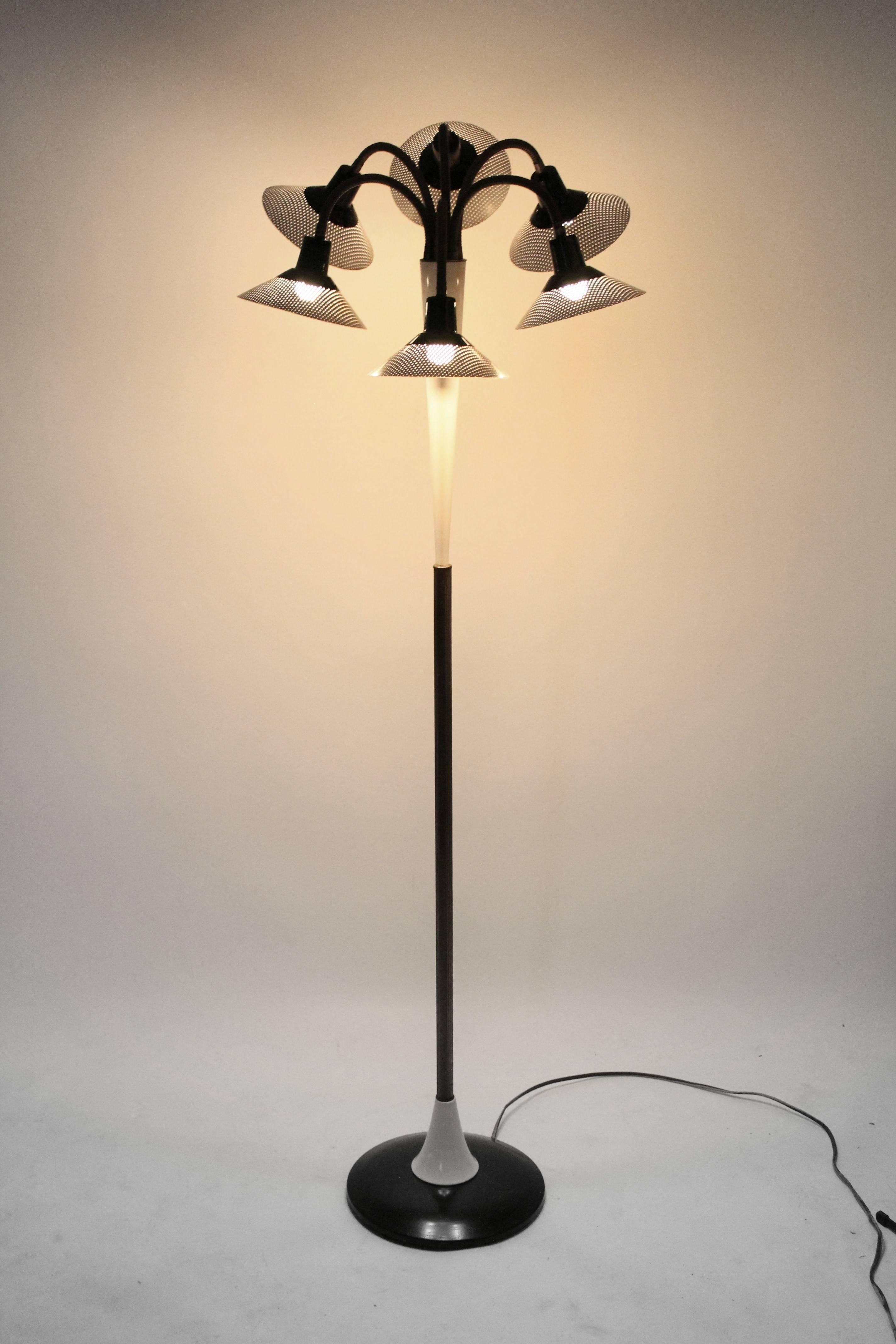 American Six Pierced Shade on Brass Gooseneck Floor Lamp, 1950s, USA