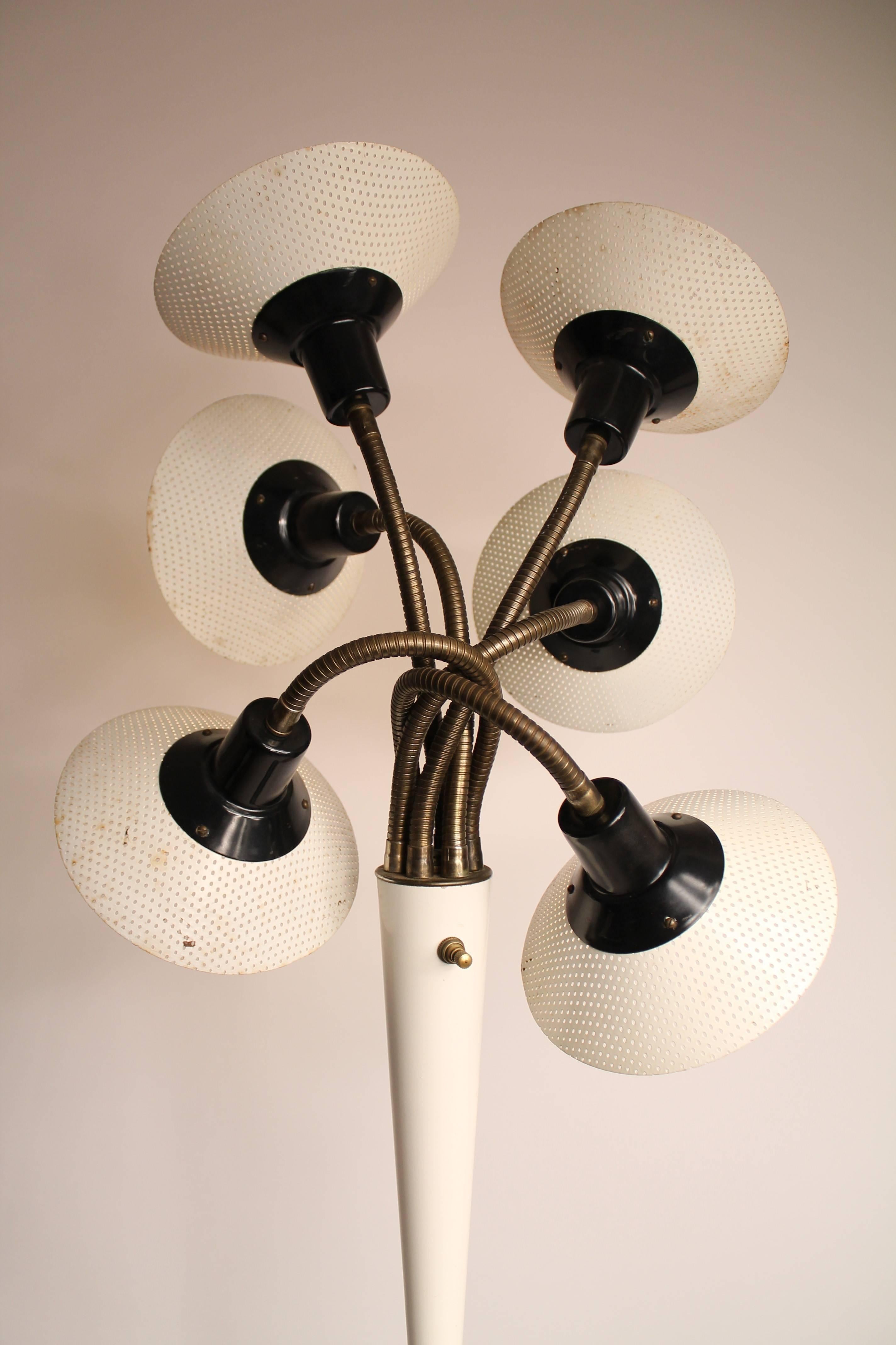 Six Pierced Shade on Brass Gooseneck Floor Lamp, 1950s, USA 1