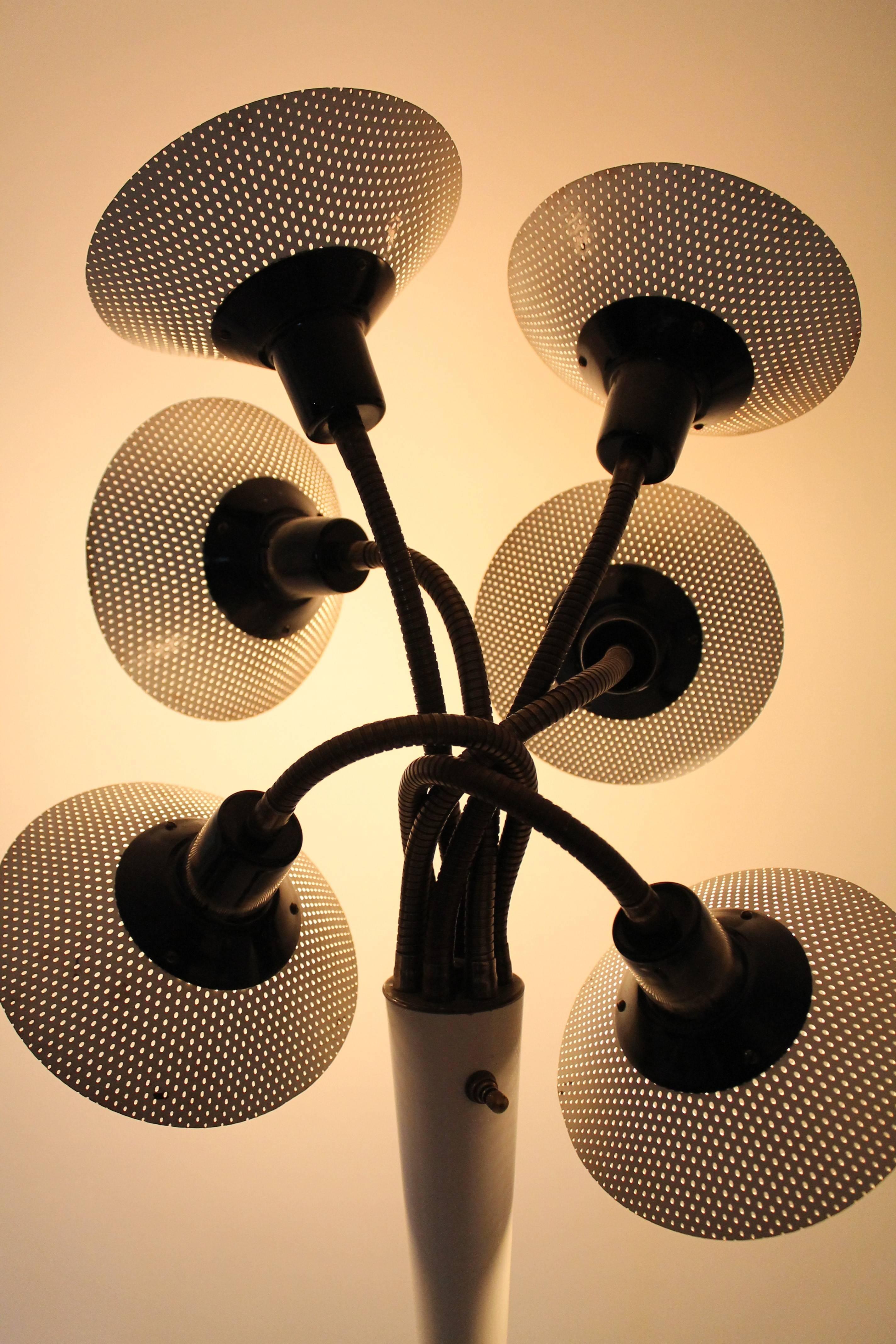 Six Pierced Shade on Brass Gooseneck Floor Lamp, 1950s, USA 2