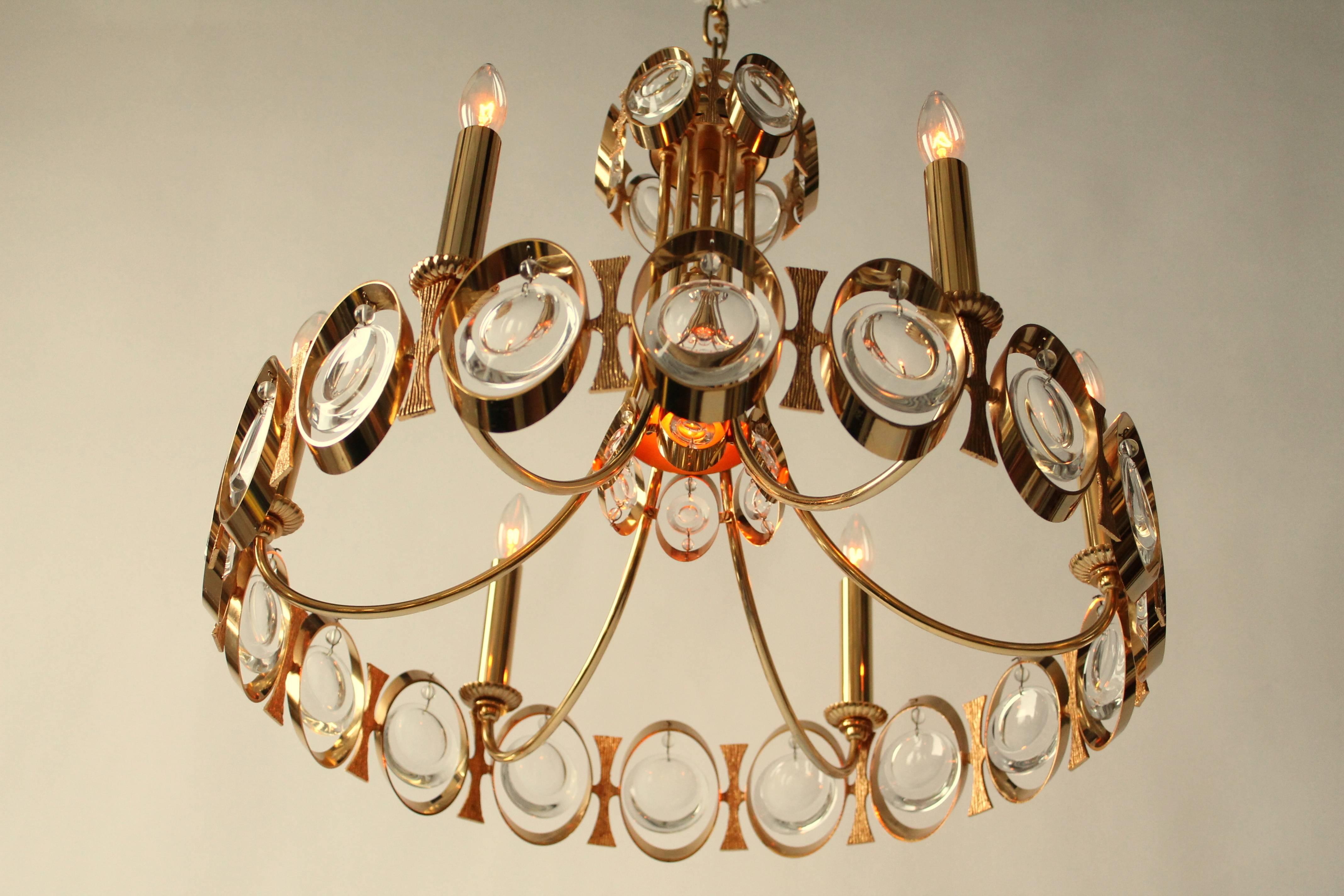 Gold Plate Palwa Gold-Plated Seven Lights Chandelier with Crystal Lens, 1970s, Germany 