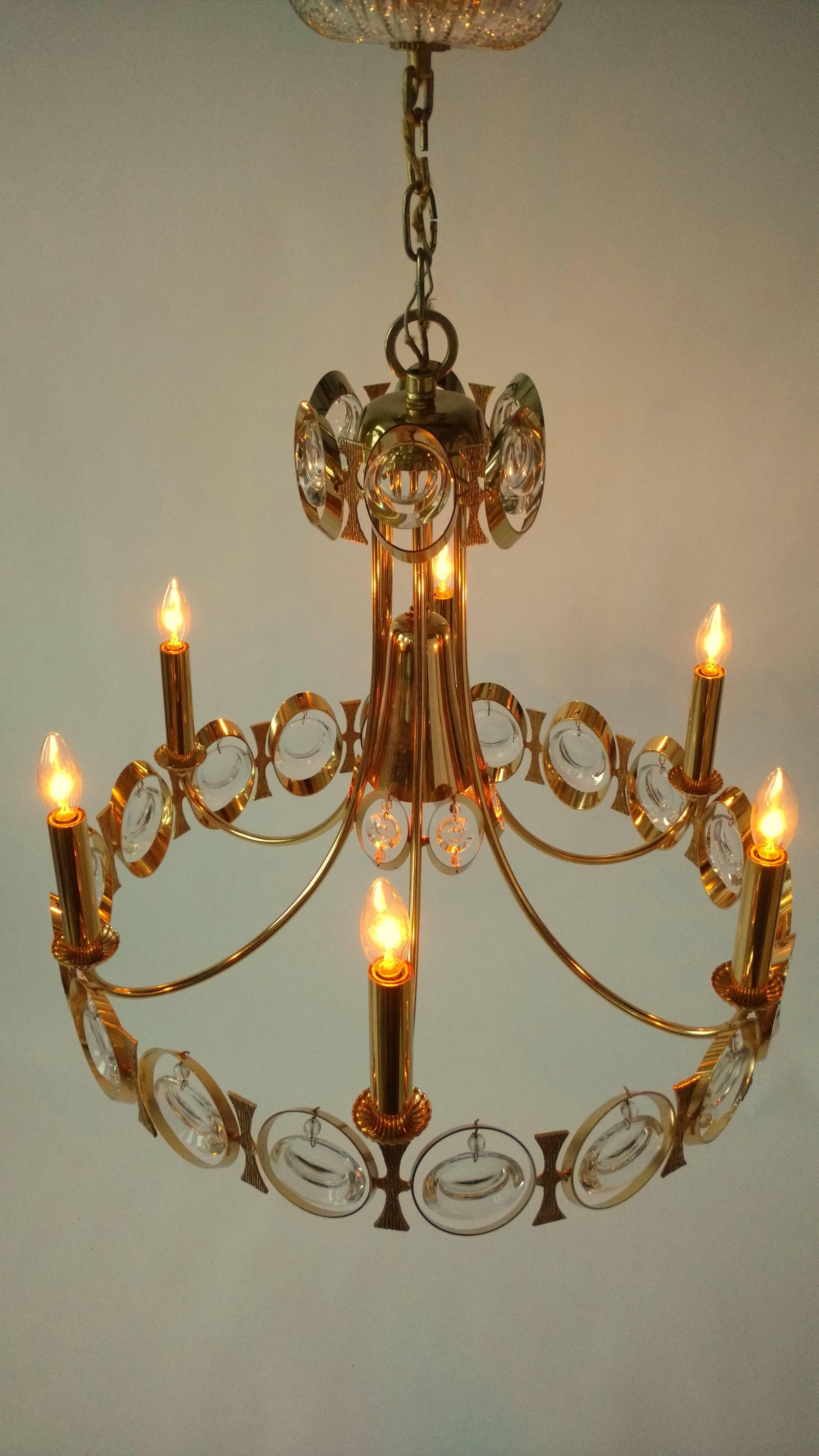 Palwa Gold-Plated Seven Lights Chandelier with Crystal Lens, 1970s, Germany  1