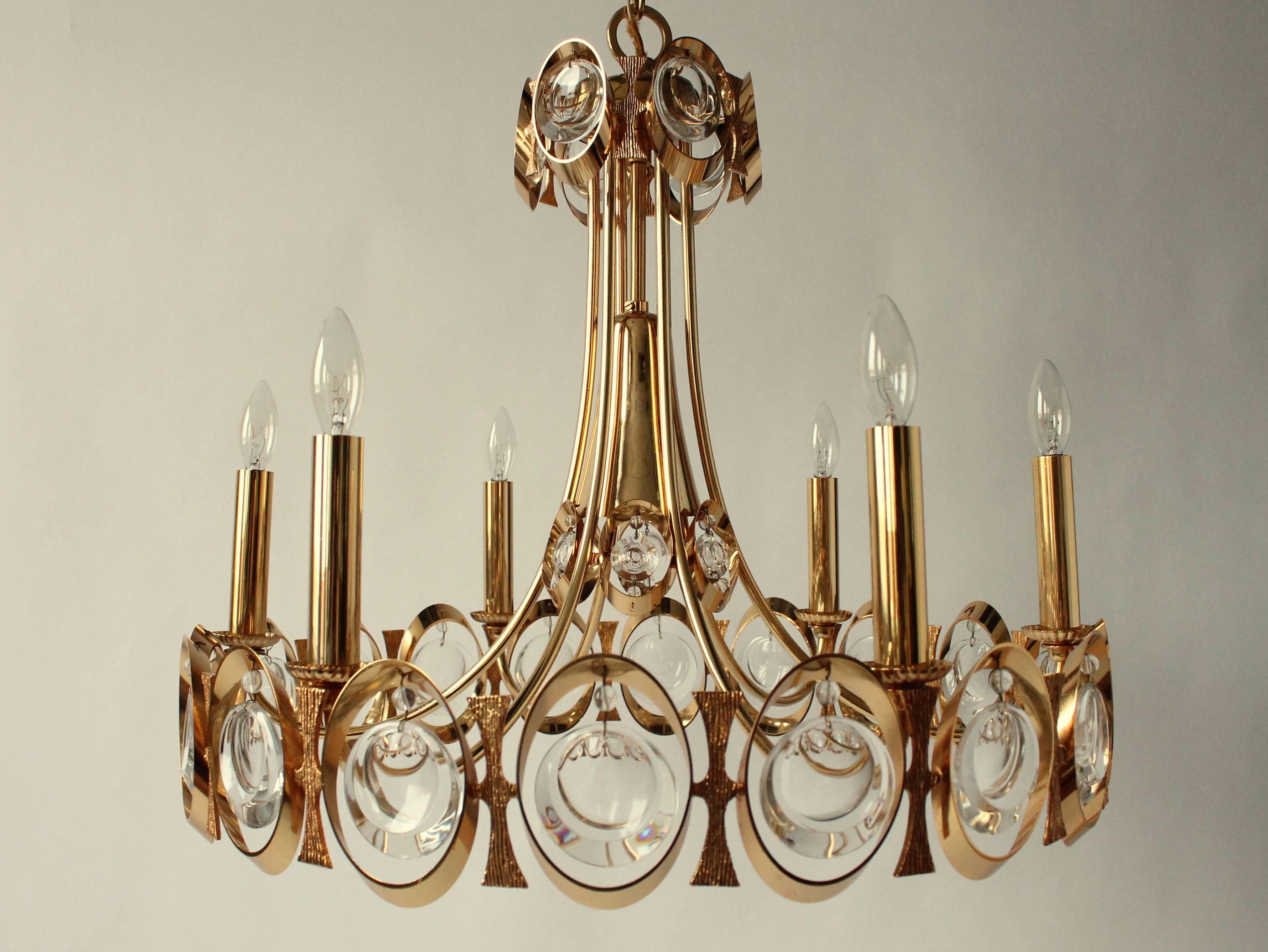 Palwa Gold-Plated Seven Lights Chandelier with Crystal Lens, 1970s, Germany  2