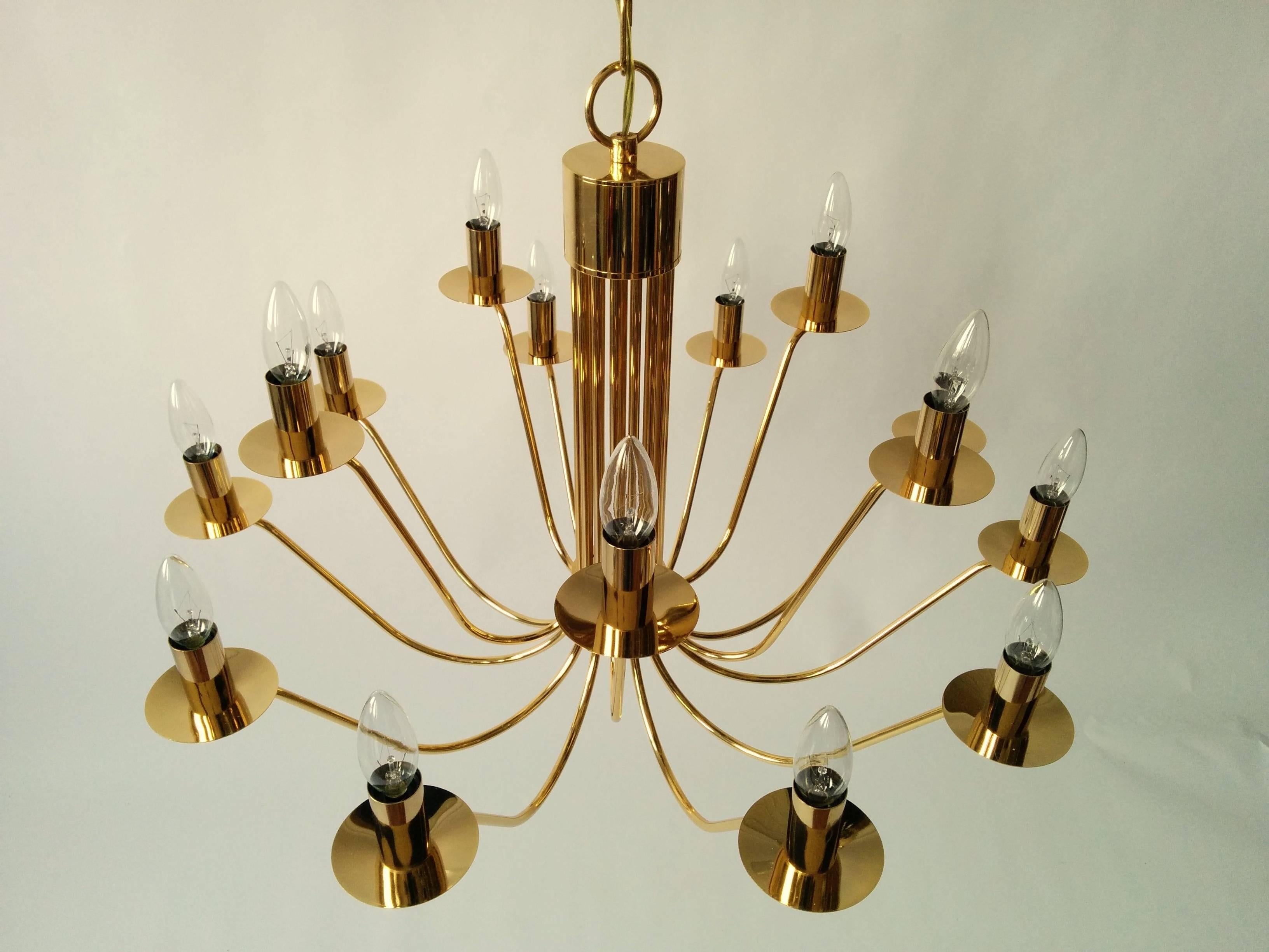 Mid-Century Modern Gold Plated 24 carat  15 Arms  Chandelier by Stilkronen , 1960s , Italy  For Sale