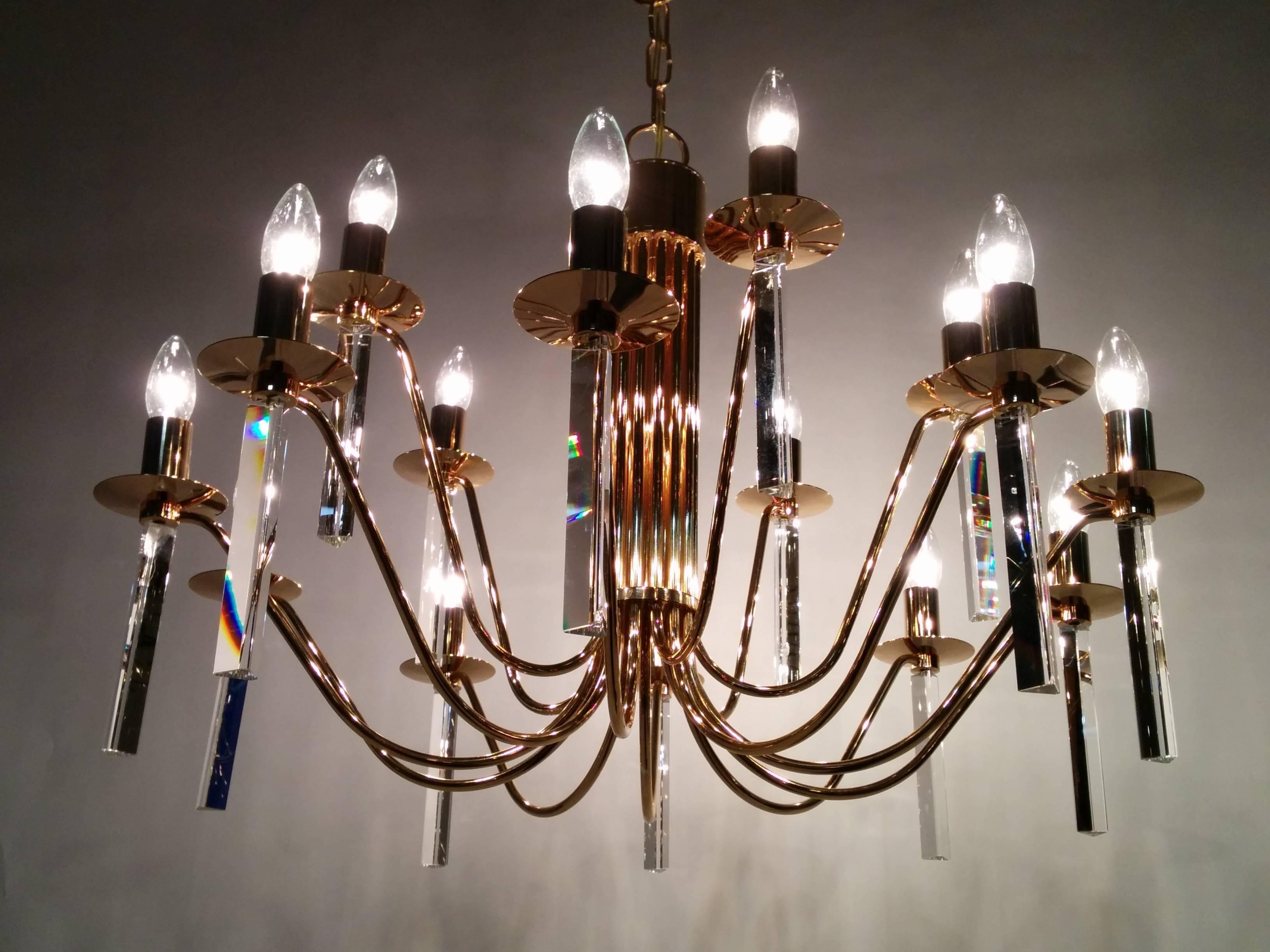 Italian Gold Plated 24 carat  15 Arms  Chandelier by Stilkronen , 1960s , Italy  For Sale