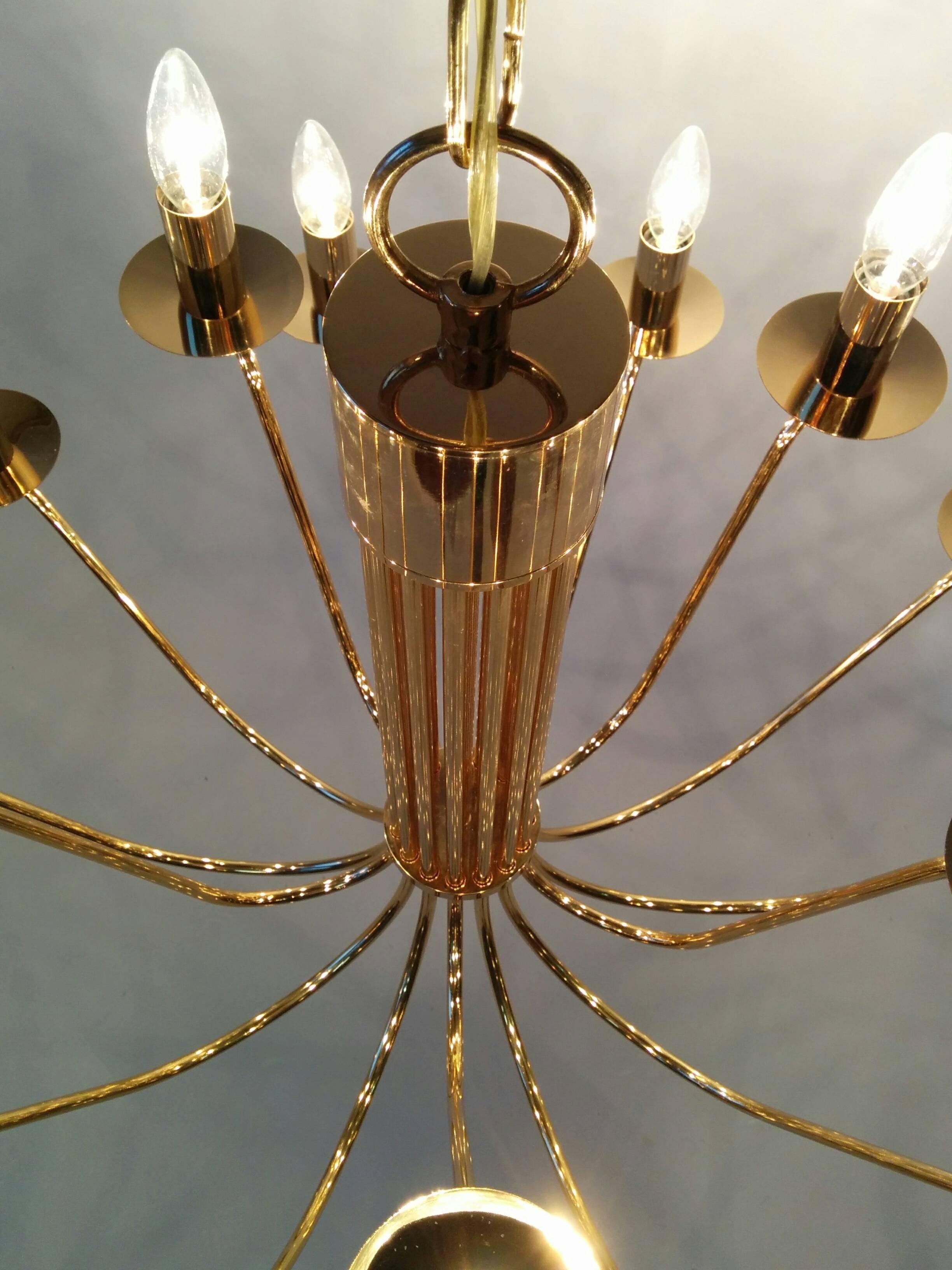 Gold Plated 24 carat  15 Arms  Chandelier by Stilkronen , 1960s , Italy  In Good Condition For Sale In St- Leonard, Quebec