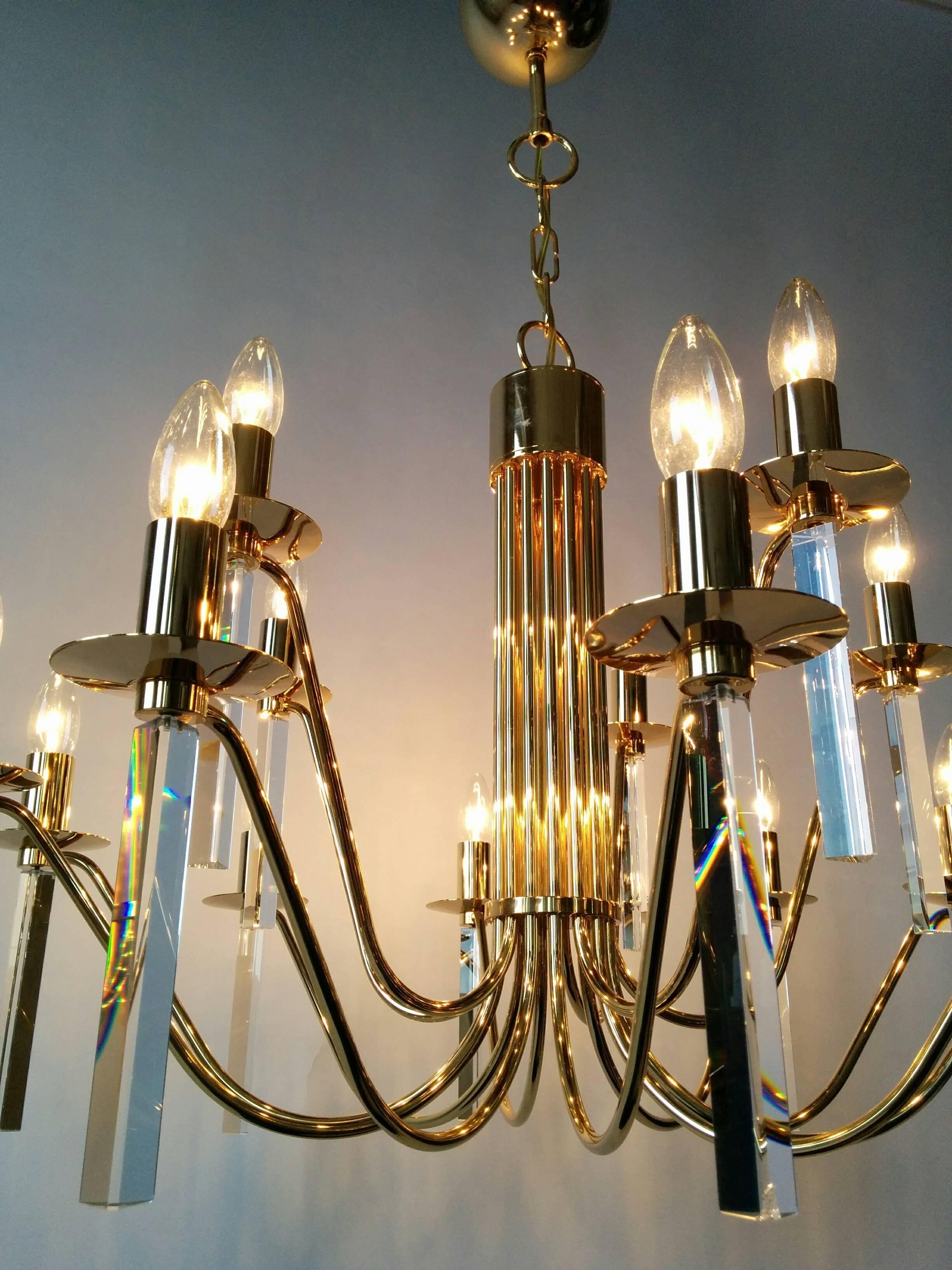 Mid-20th Century Gold Plated 24 carat  15 Arms  Chandelier by Stilkronen , 1960s , Italy  For Sale