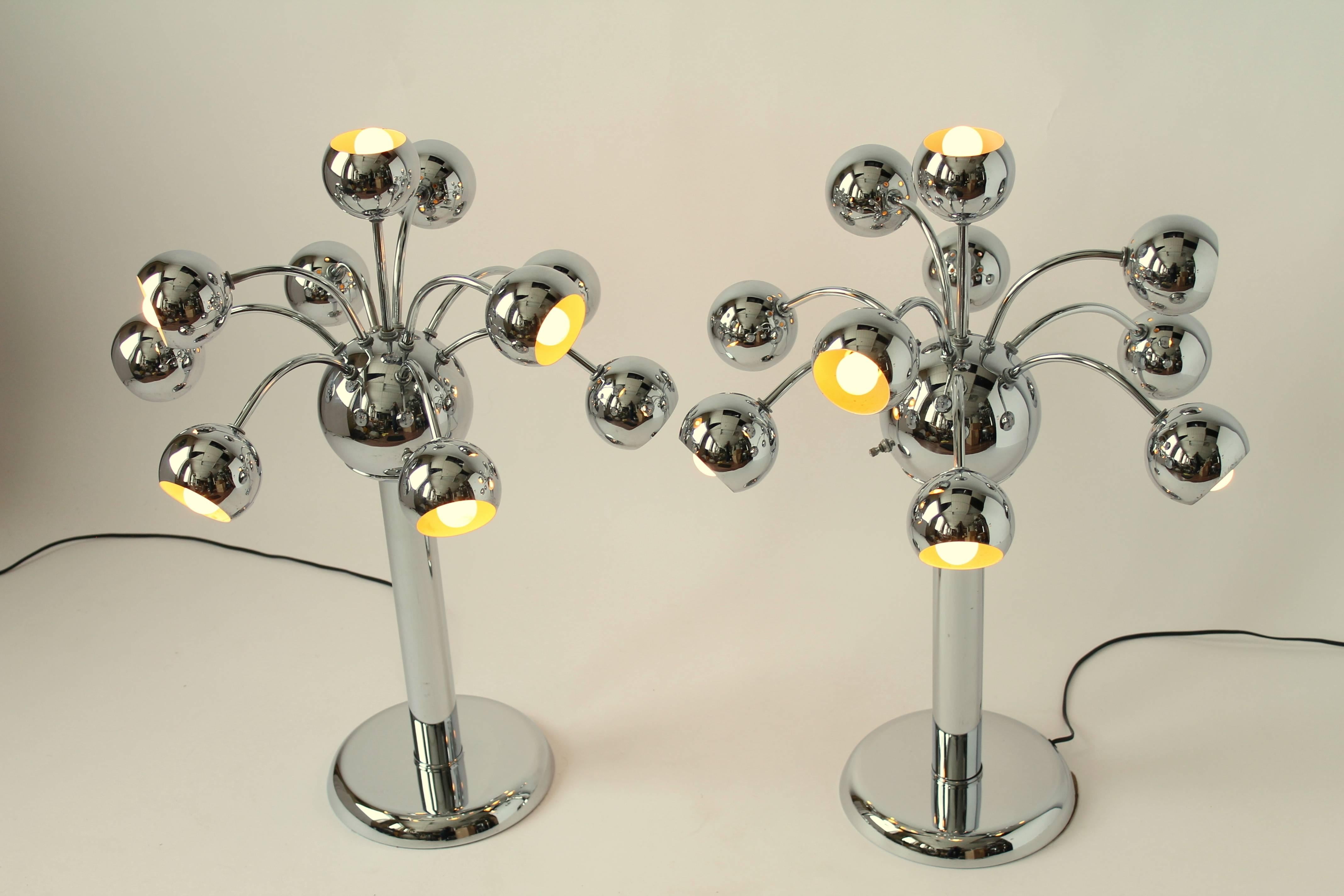 Pair of  10 Arms Chrome Eyeball Table Lamp , 1970s , USA 2