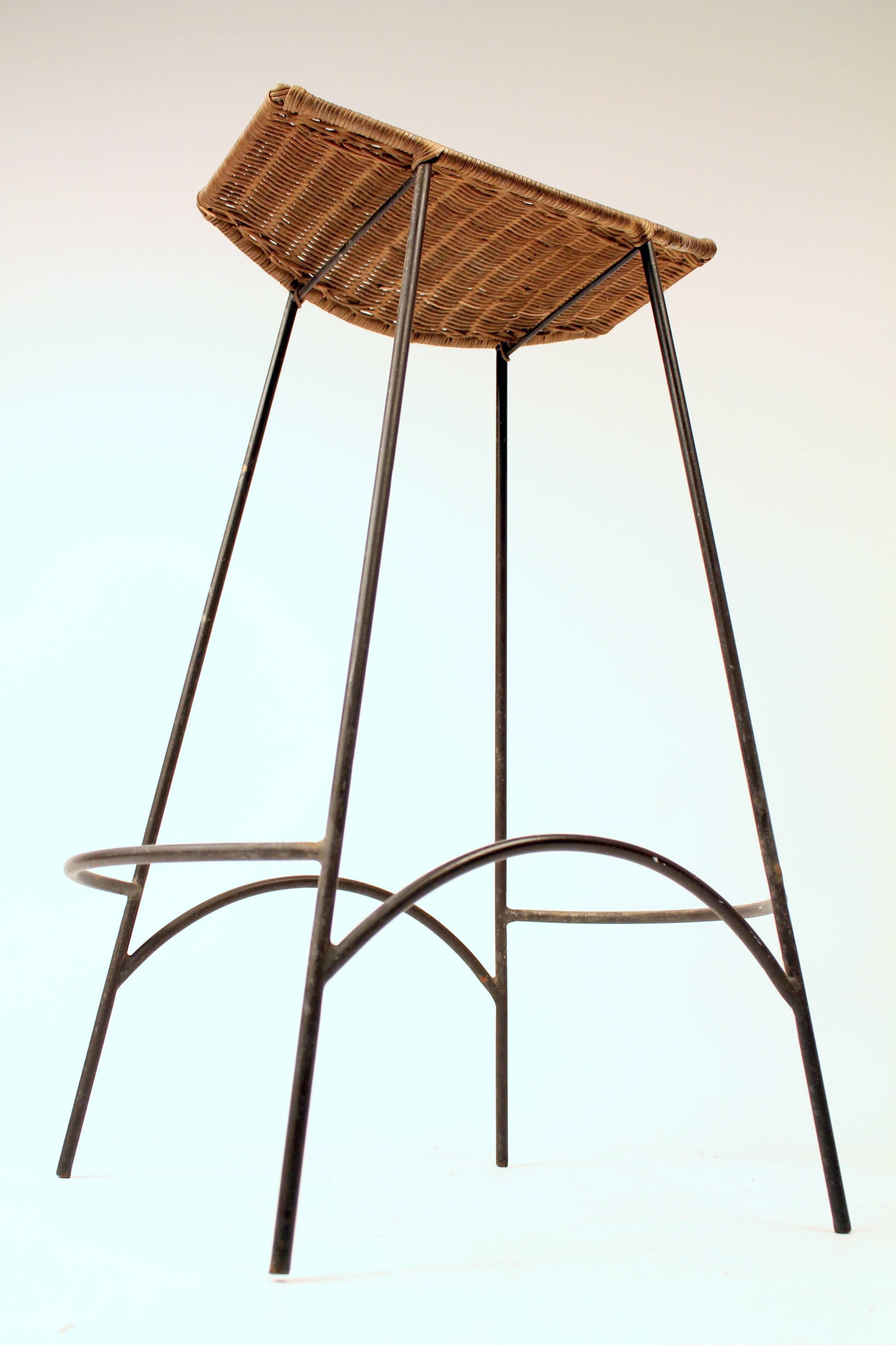 Mid-Century Modern Two Arthur Umanoff Classic Wicker and Steel Rod Stool, 1950s, USA