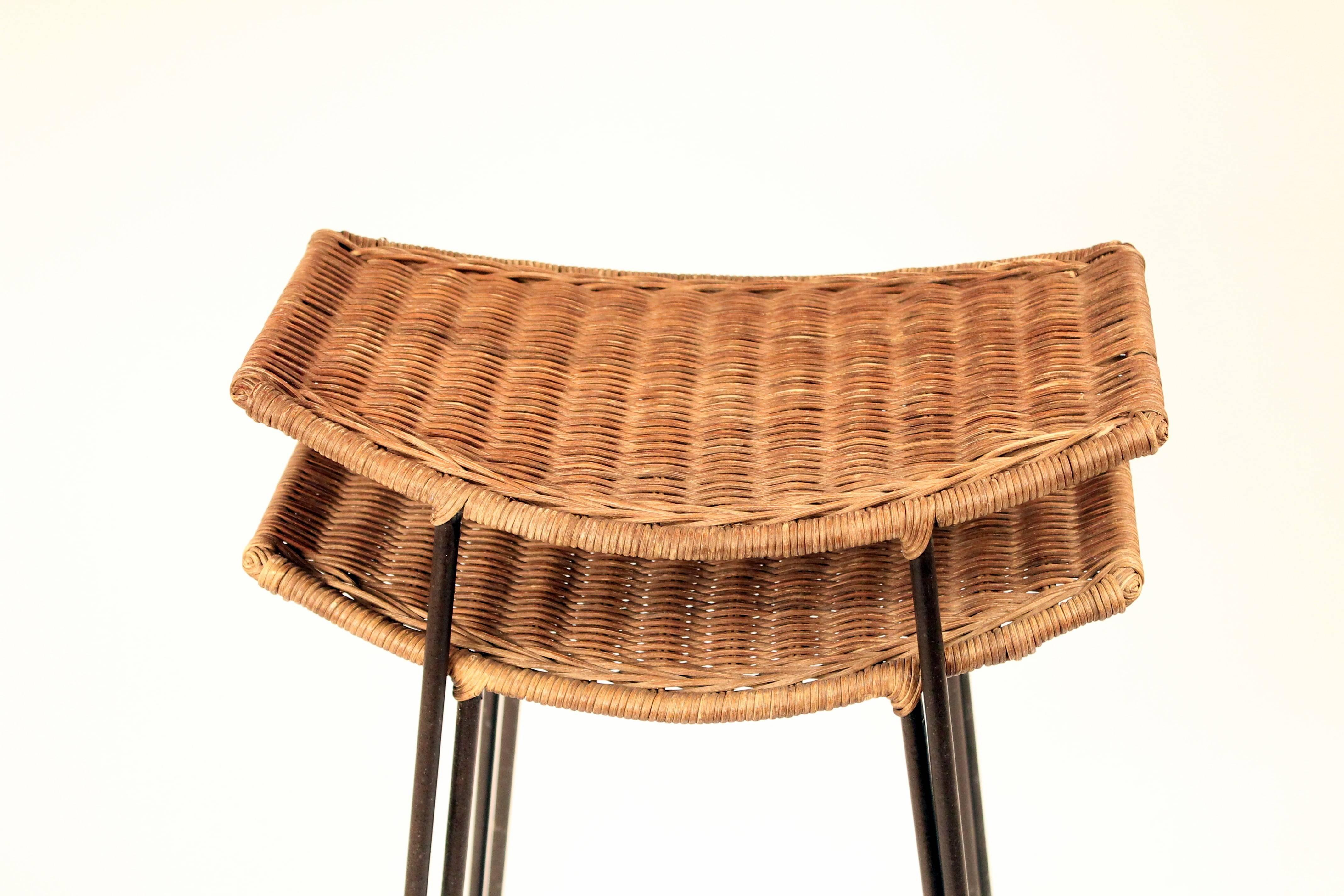 Two Arthur Umanoff Classic Wicker and Steel Rod Stool, 1950s, USA In Good Condition In St- Leonard, Quebec