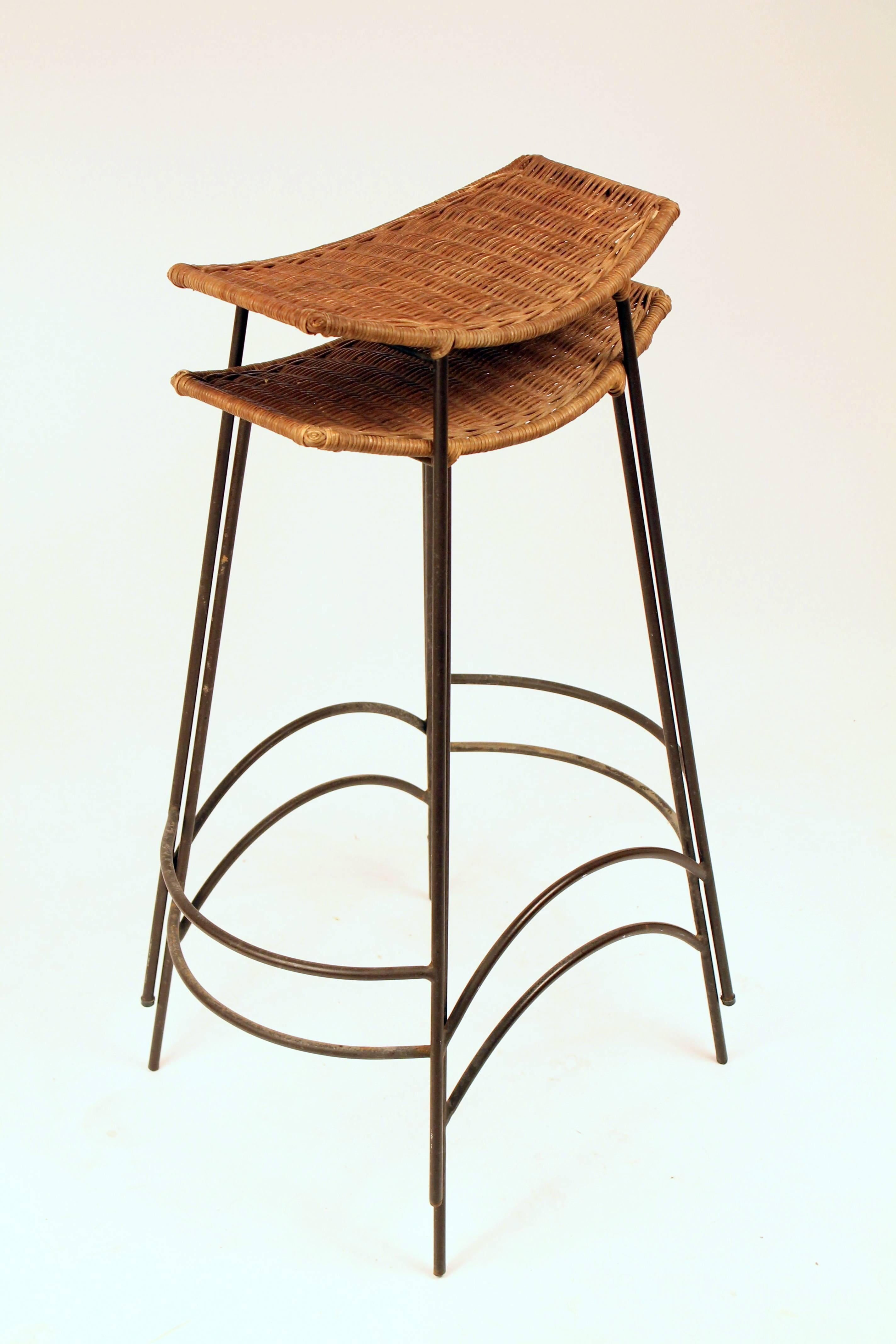 Two Arthur Umanoff Classic Wicker and Steel Rod Stool, 1950s, USA 1