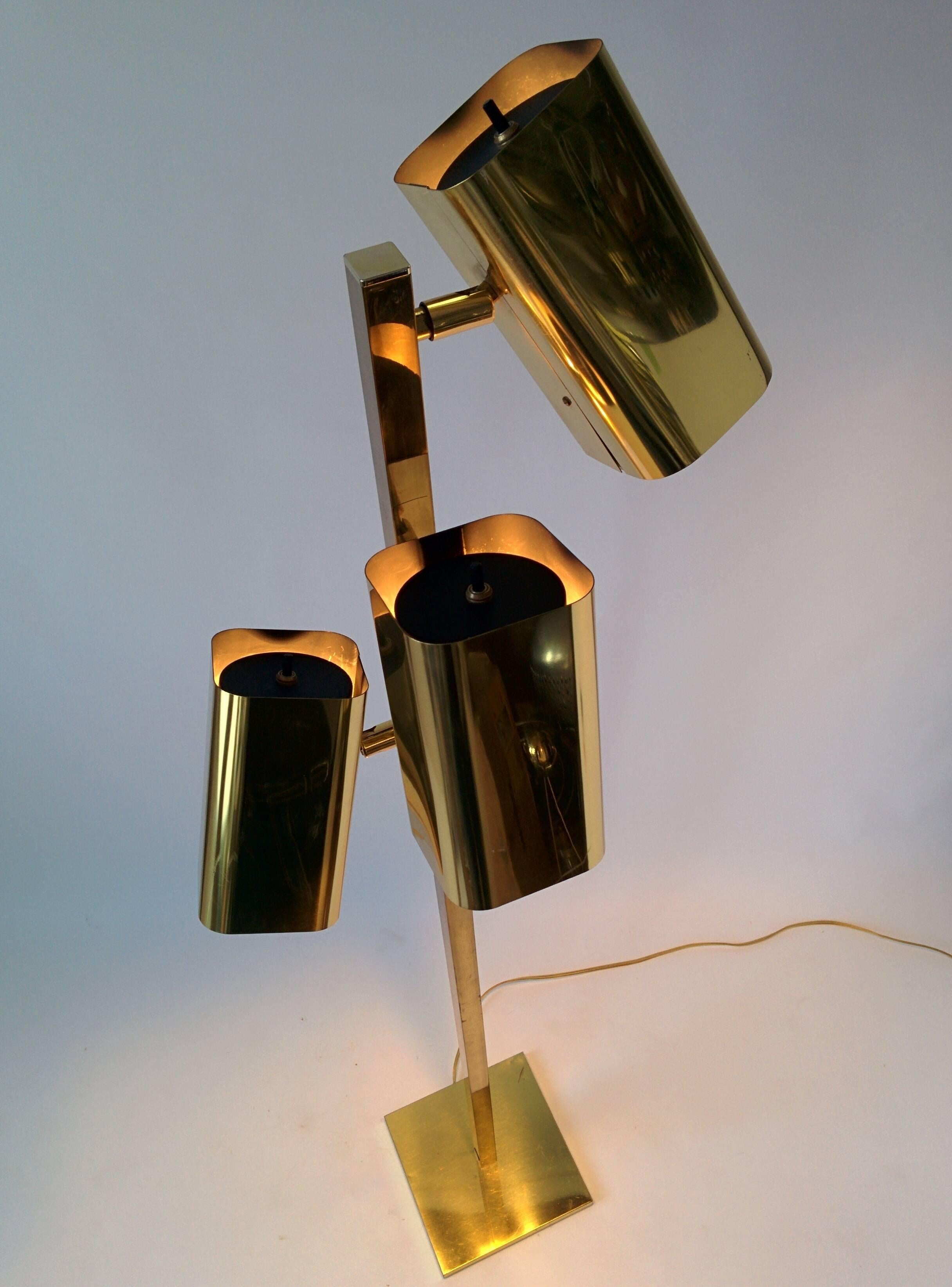 American Koch & Lowy All Brass three Heads Floor Lamp, 1970s, USA