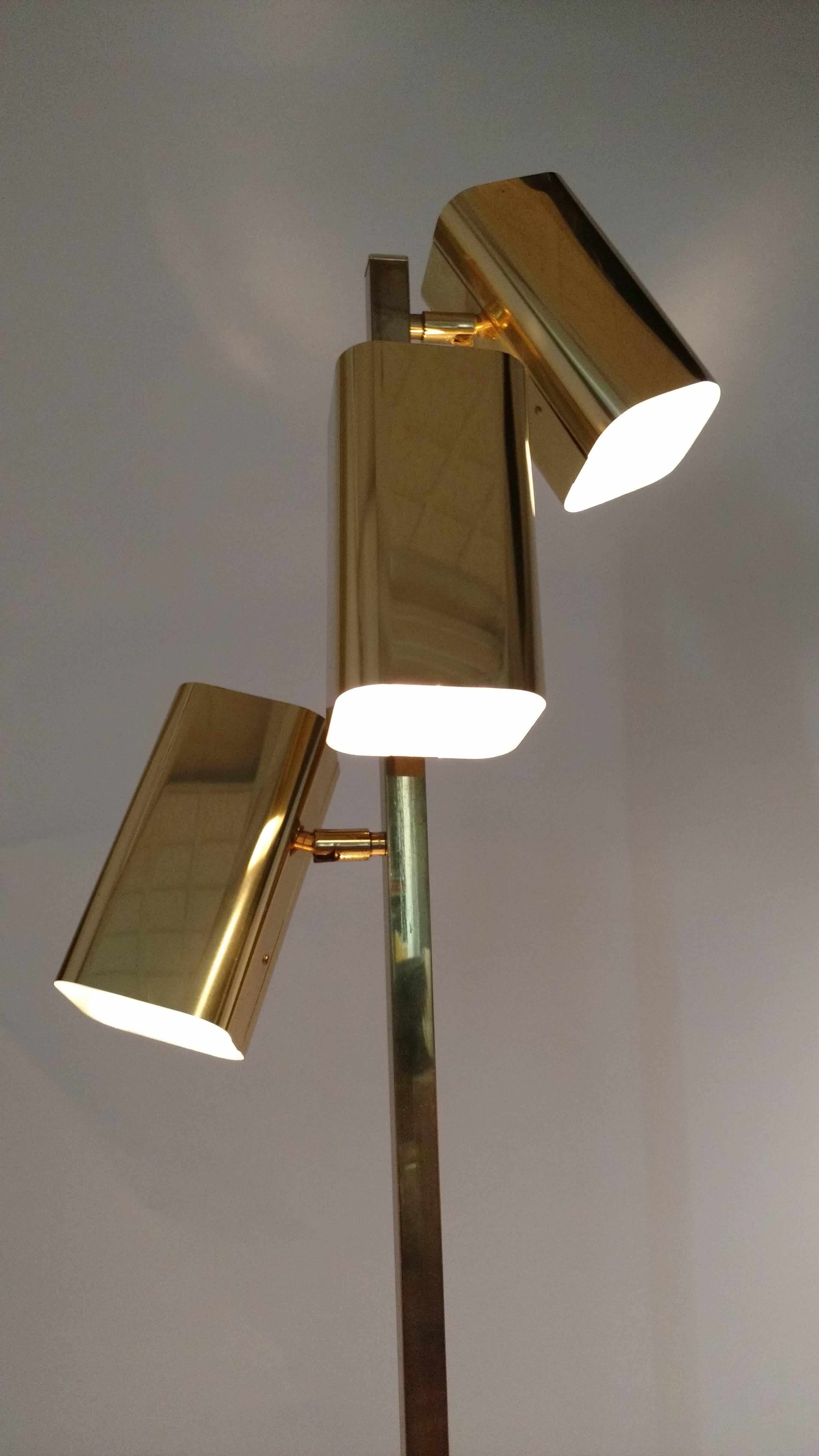 Mid-Century Modern Koch & Lowy All Brass three Heads Floor Lamp, 1970s, USA