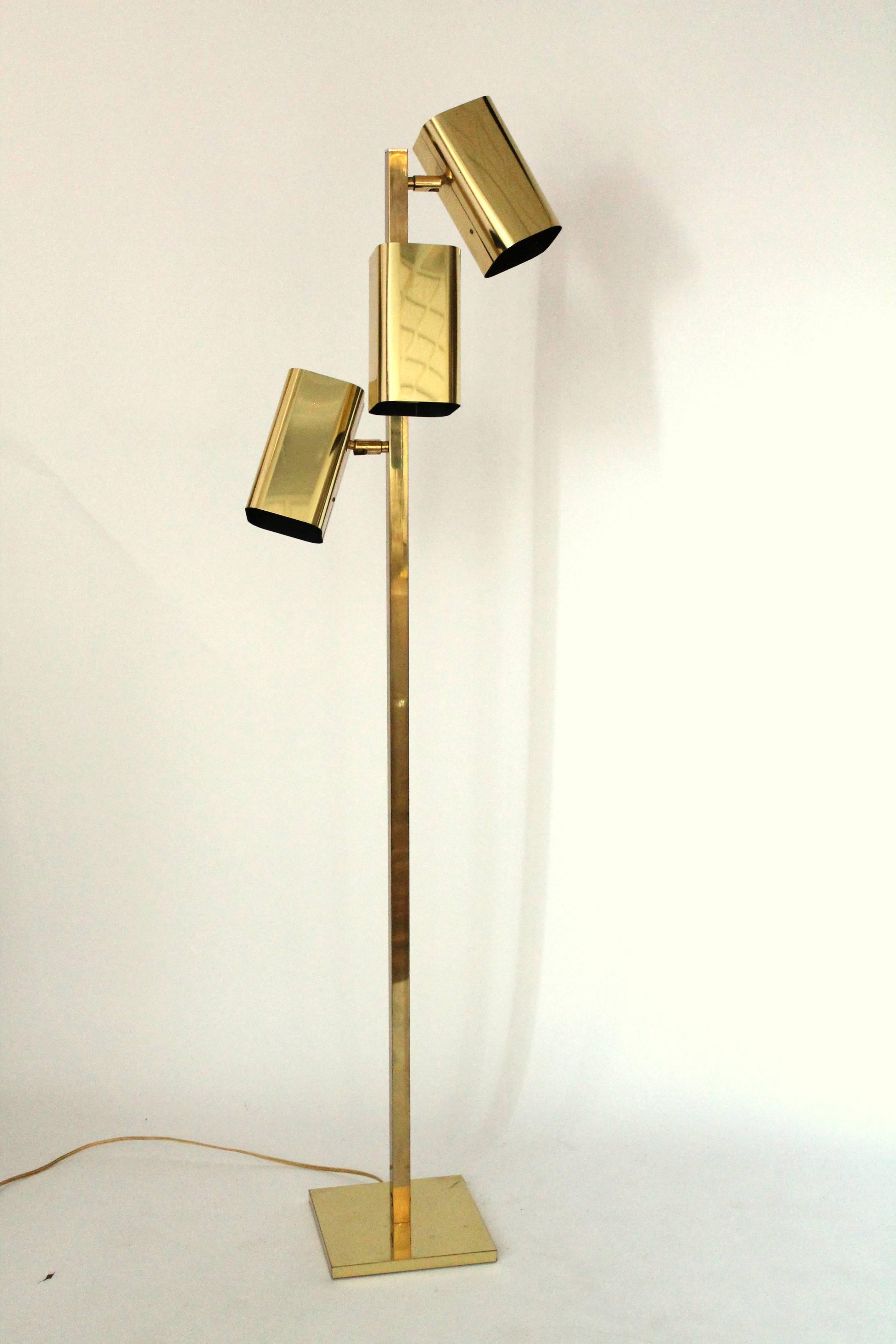 Koch & Lowy All Brass three Heads Floor Lamp, 1970s, USA 2