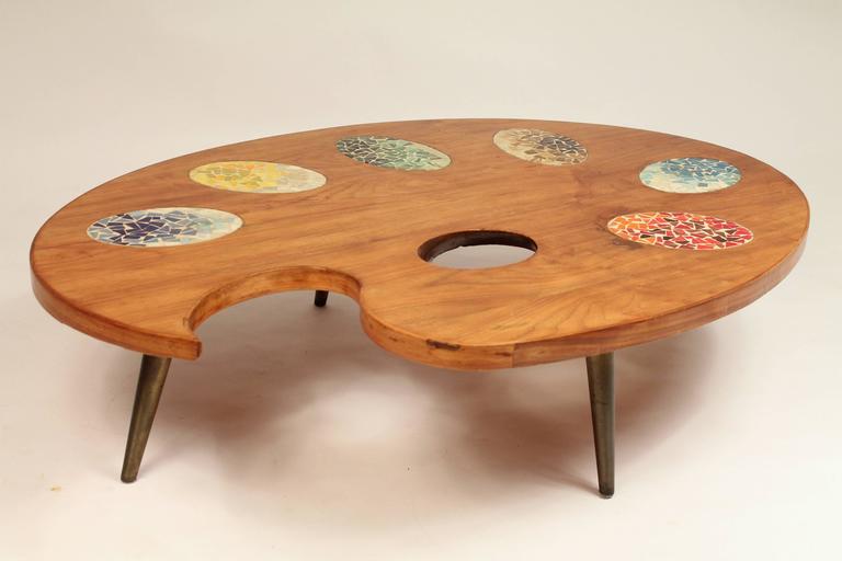 Unique Oversize Artist Palette Coffee Table, Wood and Mosaic Tile