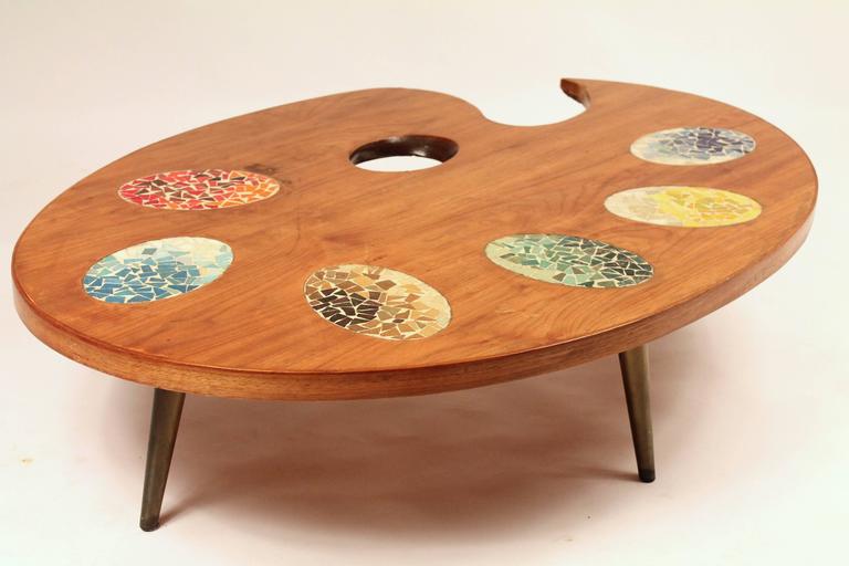 Unique Oversize Artist Palette Coffee Table, Wood and Mosaic Tile