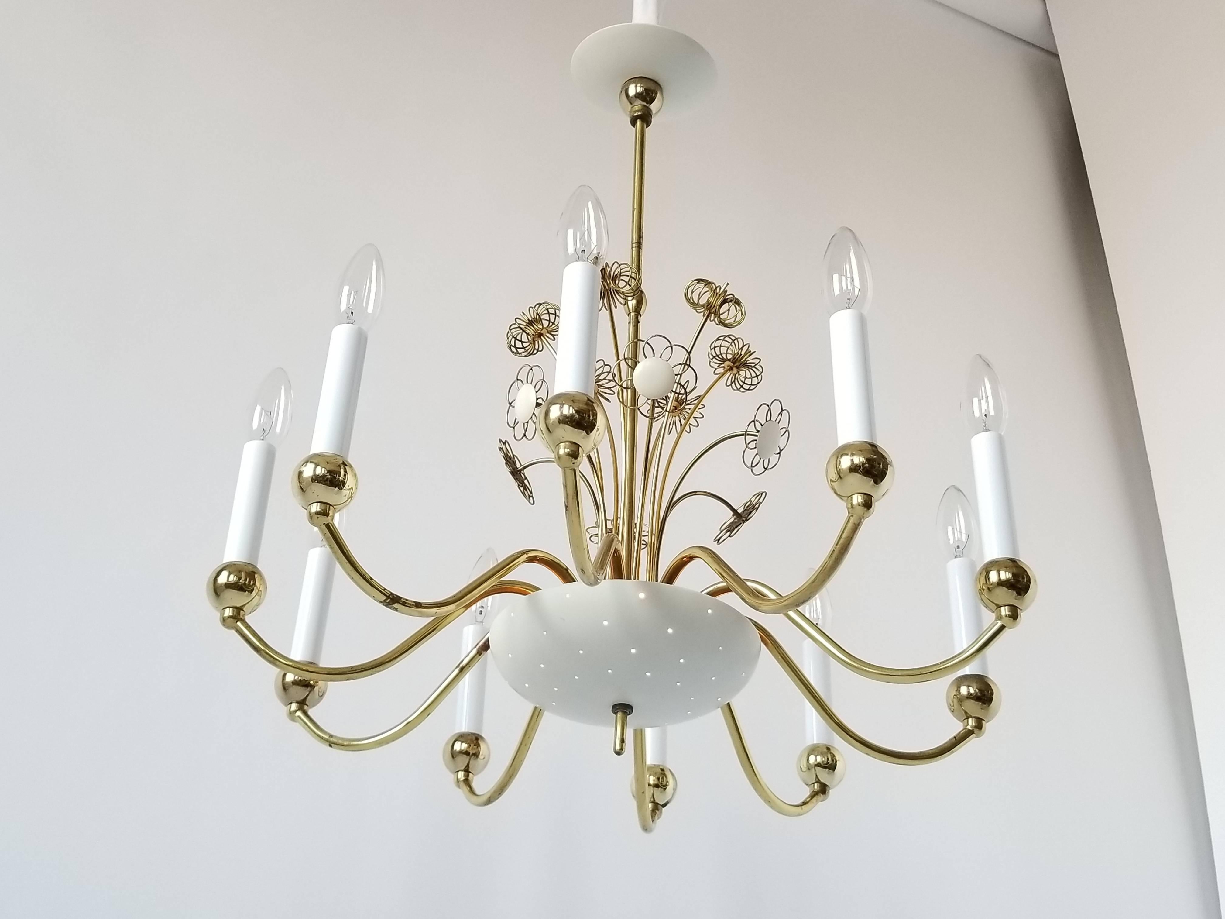 Enameled Paavo Tynell   10 Arms  Brass Chandelier for  Lightolier ,  1950 , USA For Sale