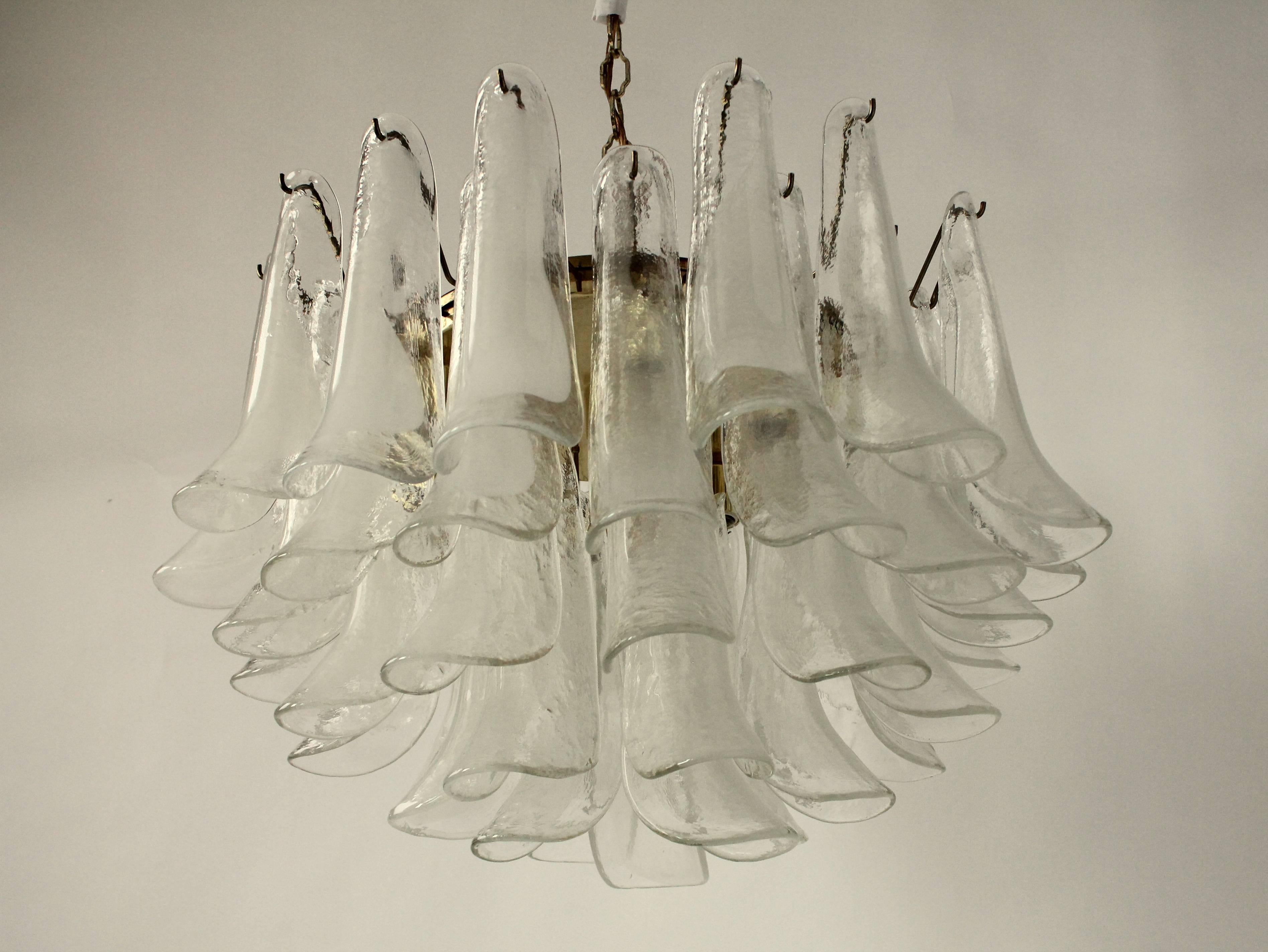 Plated Large Clear Hazy Glass Petal  Chandelier from Mazzega , 1970s , Murano , Italia