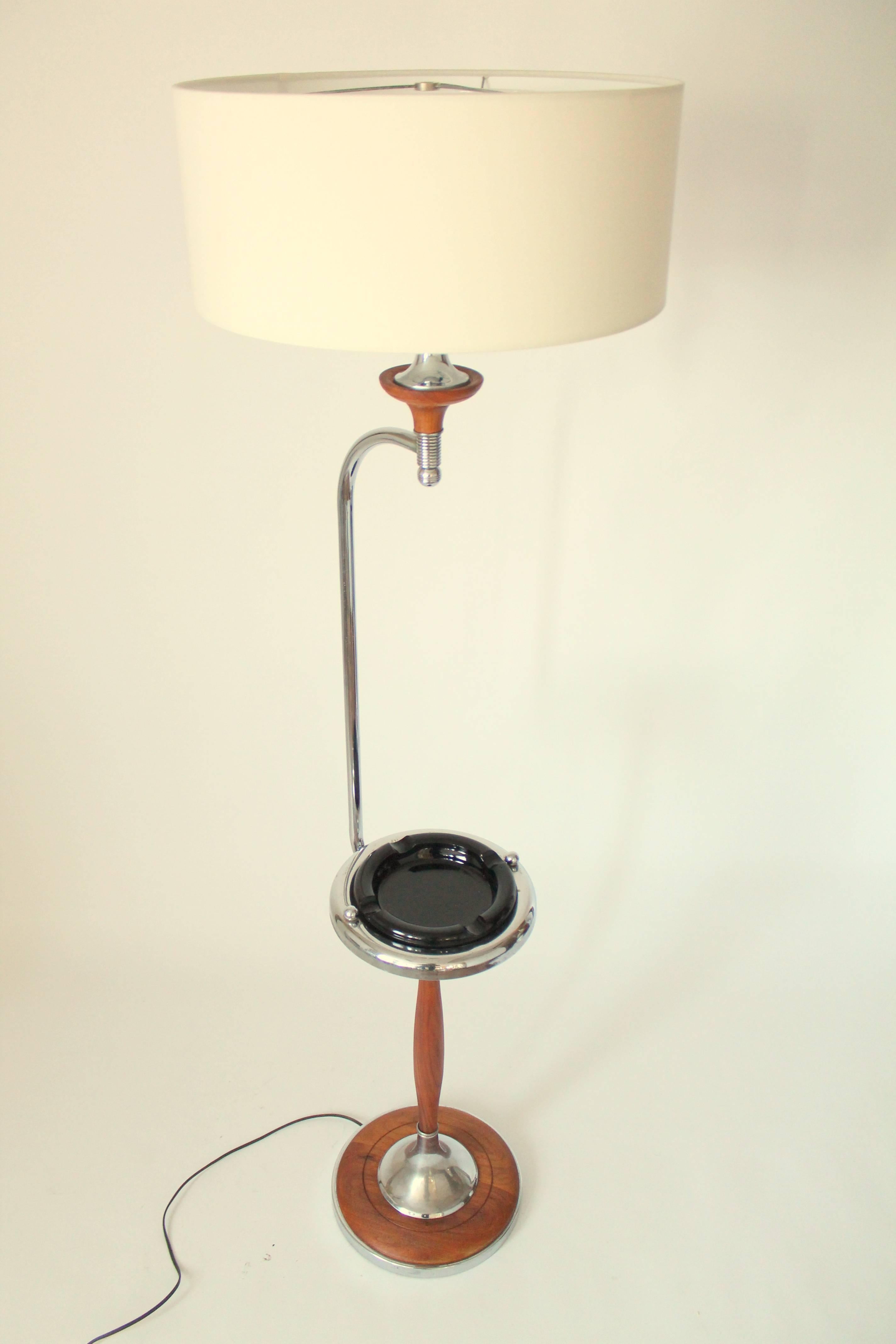 American Art Deco Floor Lamp/Ashtray Combo, Walnut and Chrome, 1930s, USA For Sale