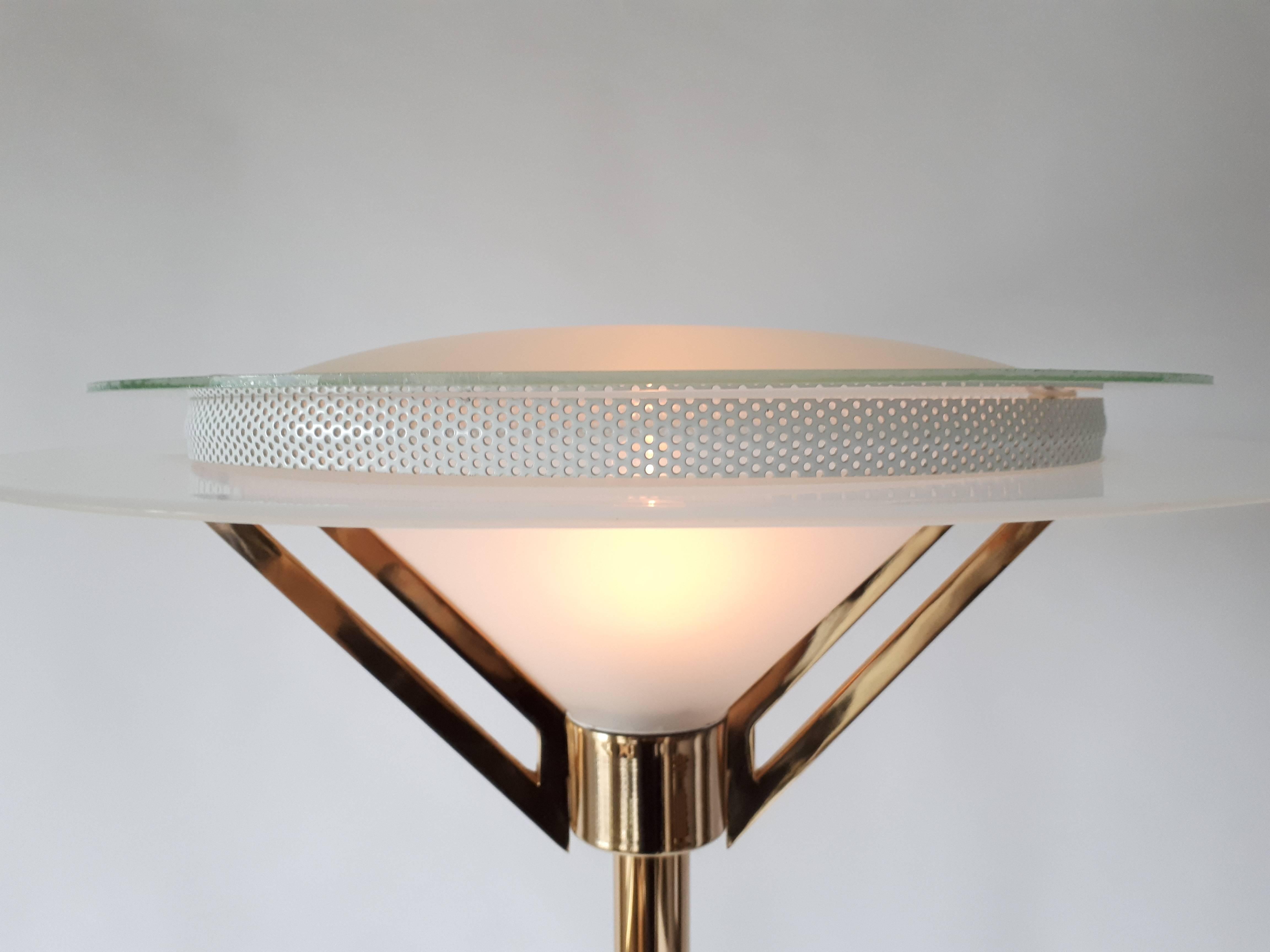 Modern Art Deco Style Gold-Plated & Glass Torchiere Floor Lamp, 1980s , Italia For Sale