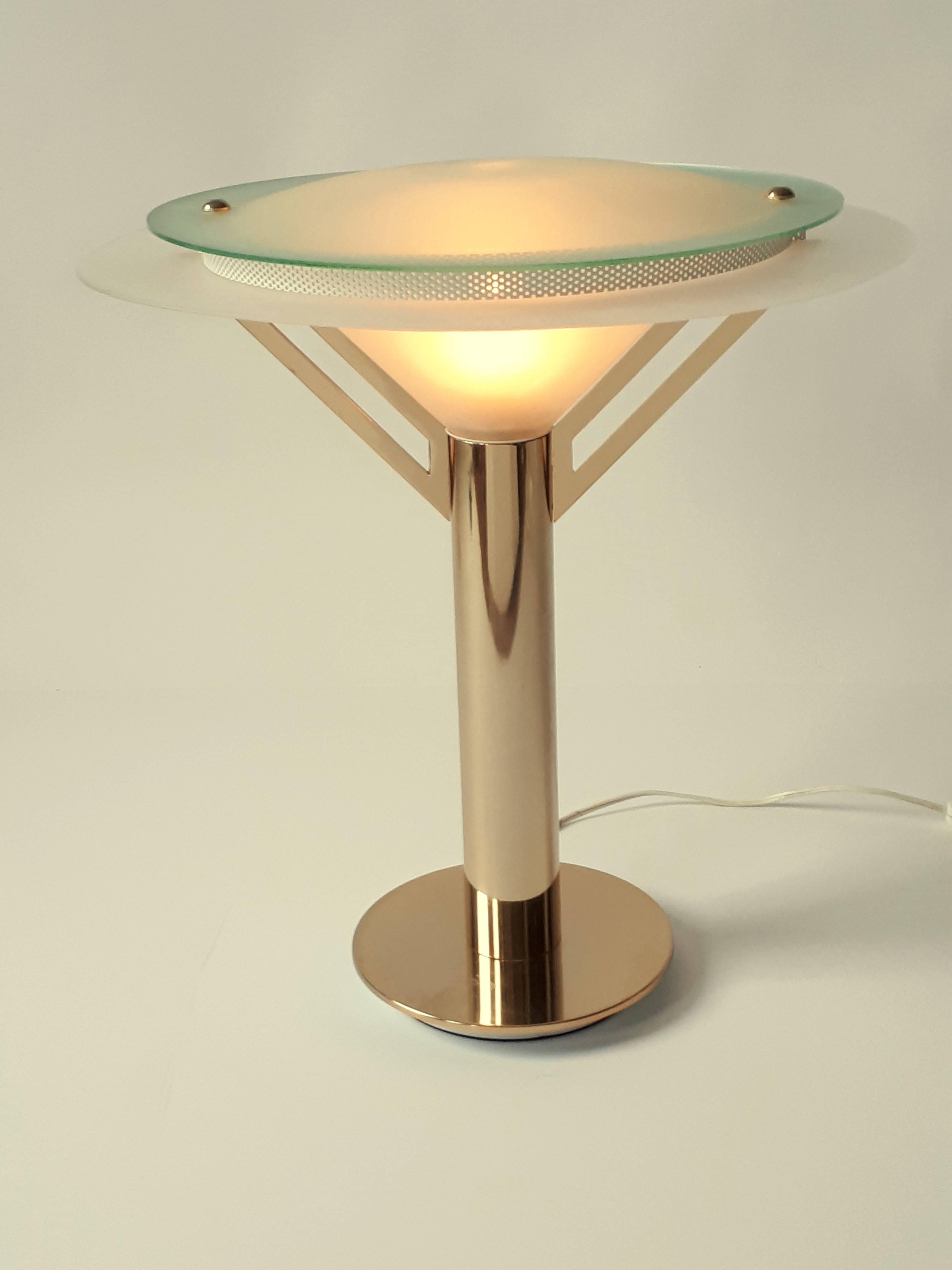 Modern Art Deco Style Gold-Plated &  Glass Table Lamp, 1980s ,  Italia For Sale